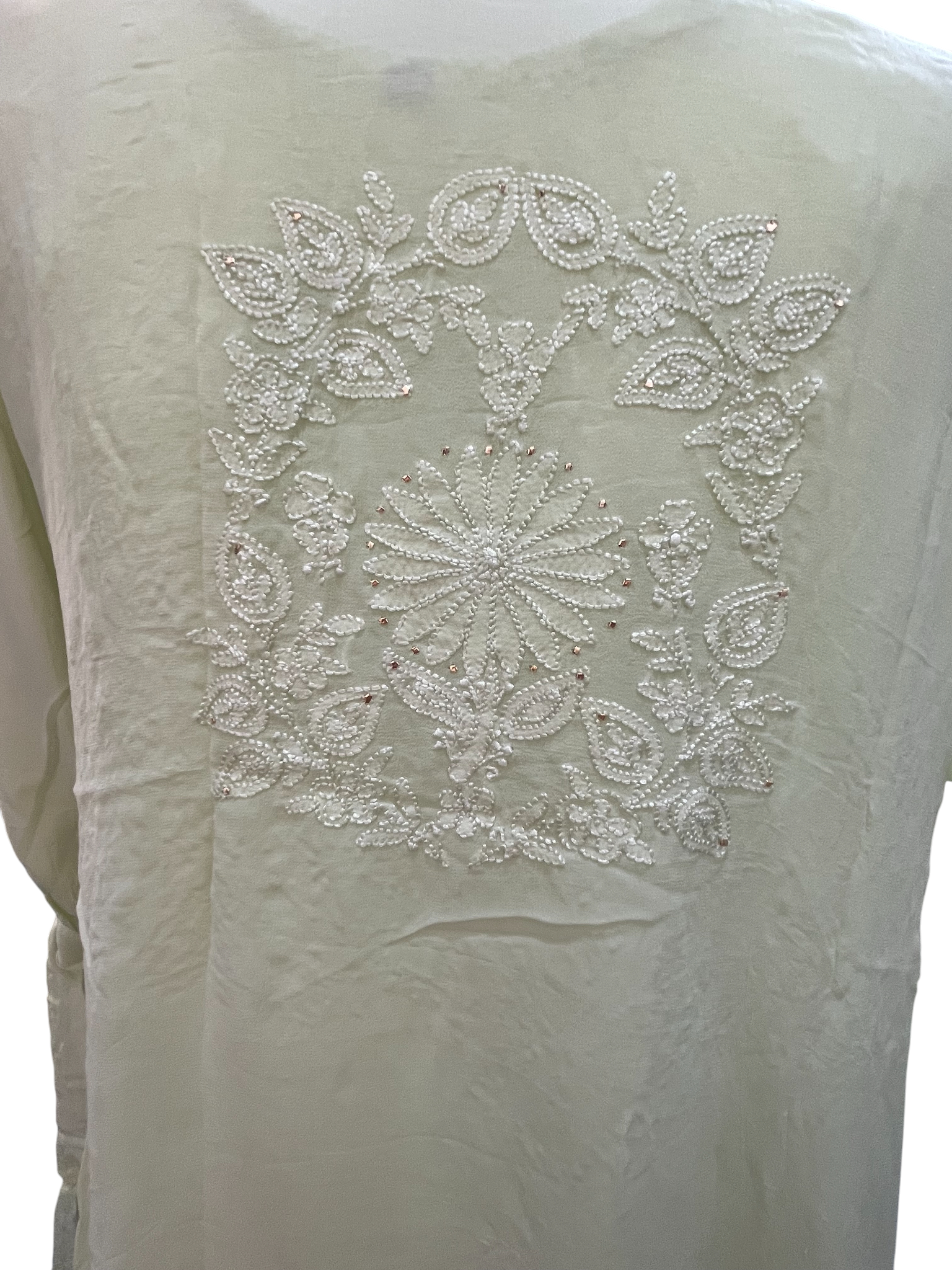 Hand Chikan Embroidery Pearl Sleeve Georgette Light Green Top - SHILVIKA
