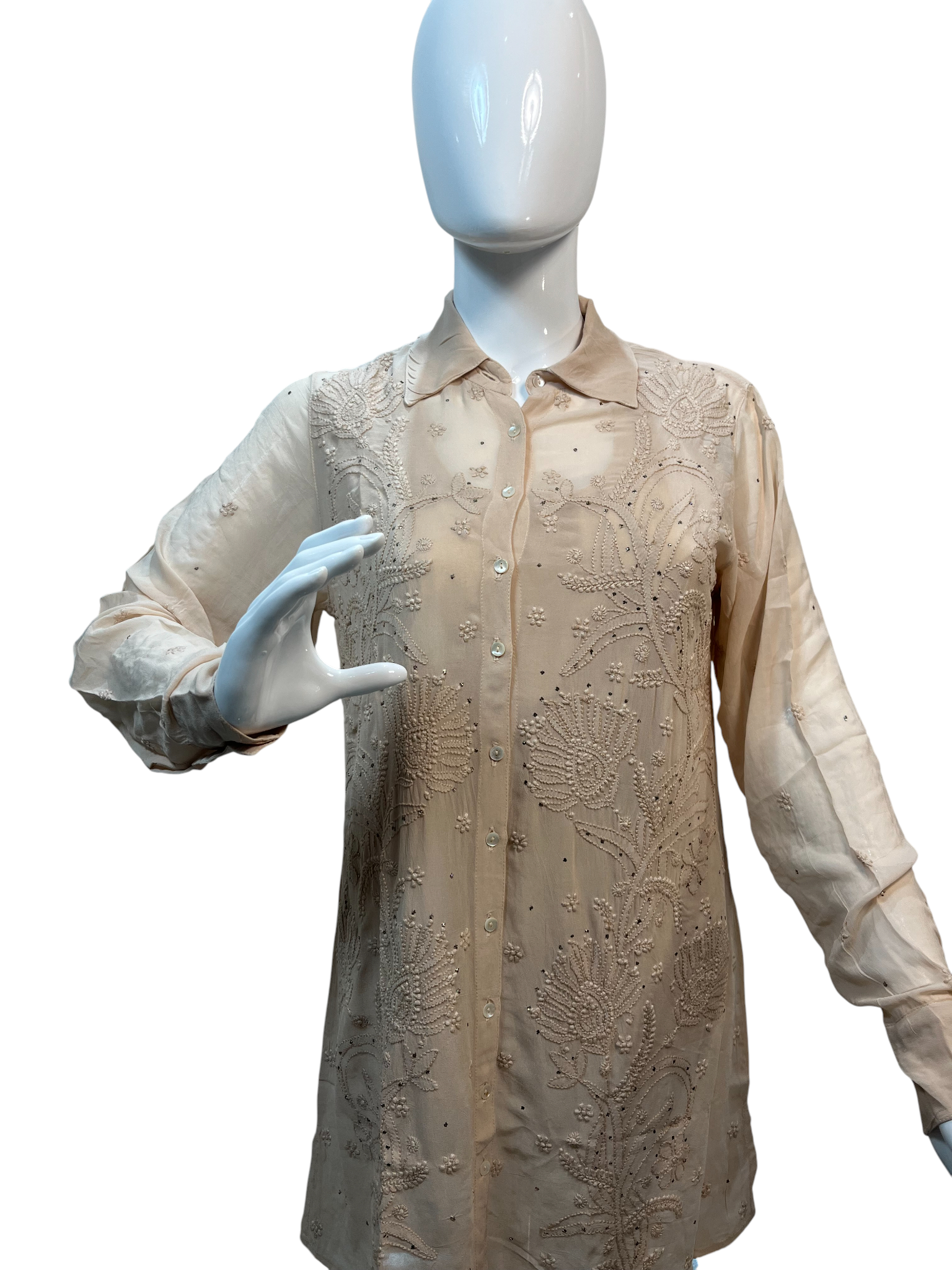 Chikan Hand Embroidered Georgette Beige Shirt - SHILVIKA