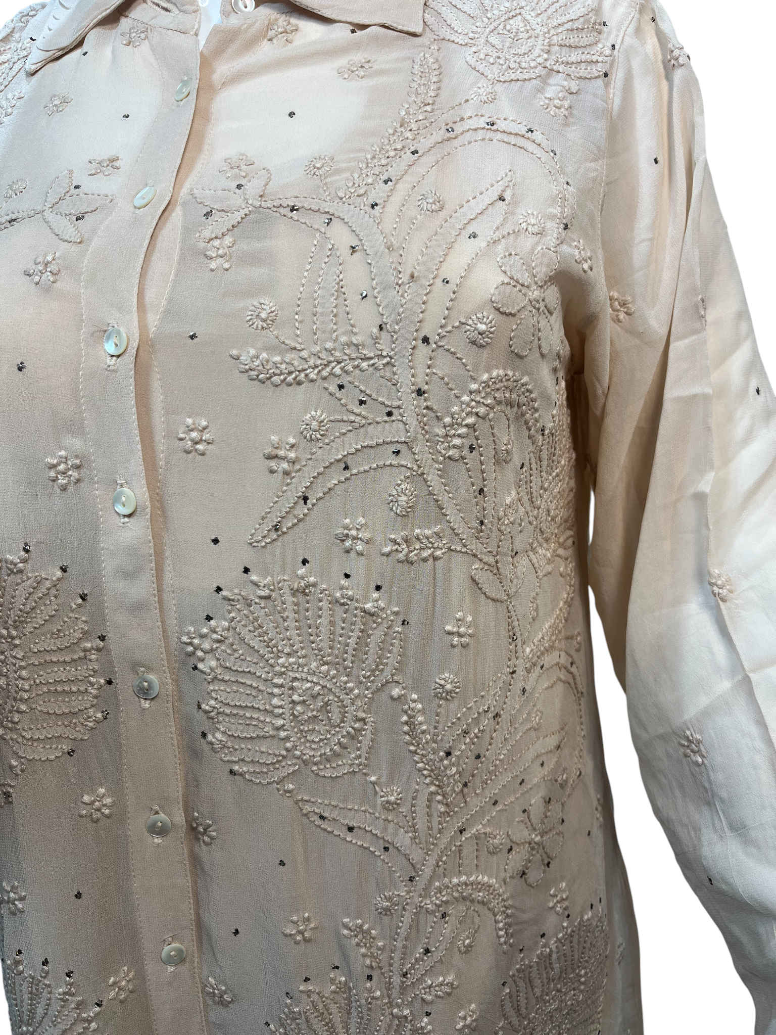 Chikan Hand Embroidered Georgette Beige Shirt - SHILVIKA