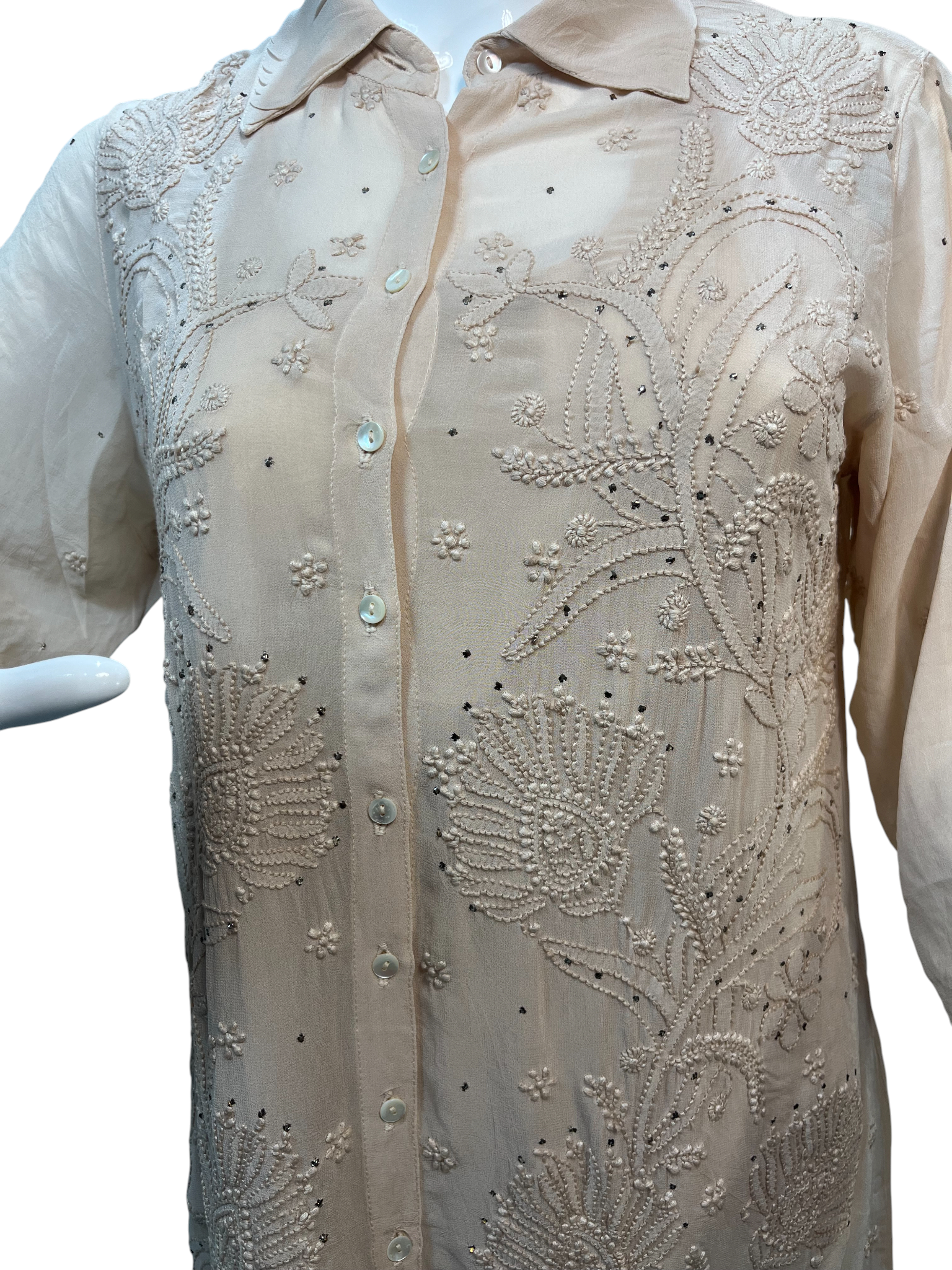 Chikan Hand Embroidered Georgette Beige Shirt - SHILVIKA