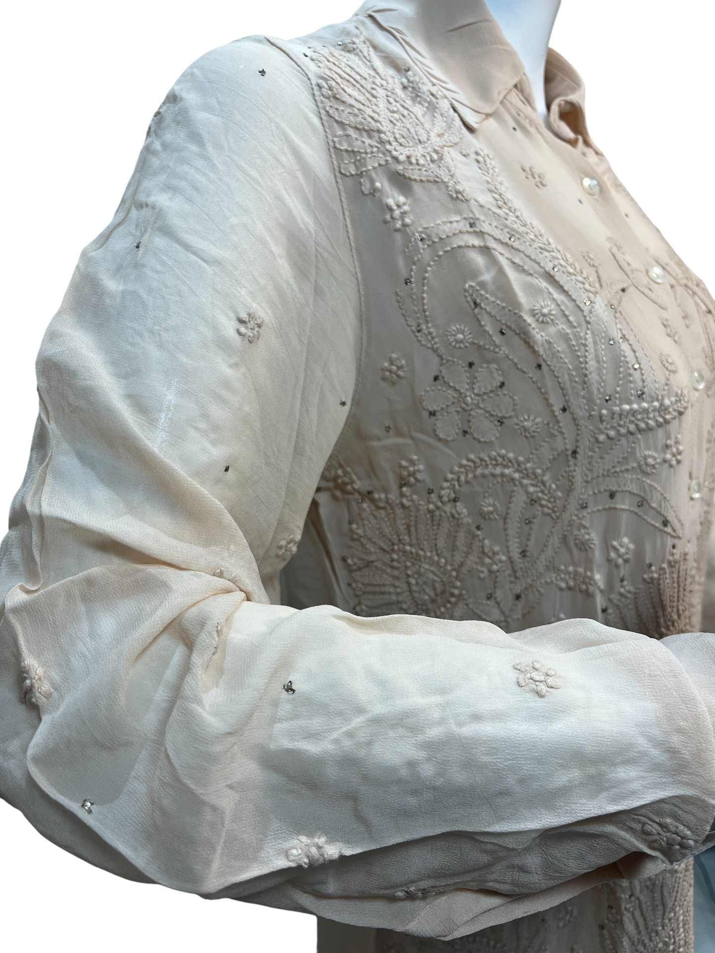Chikan Hand Embroidered Georgette Beige Shirt - SHILVIKA
