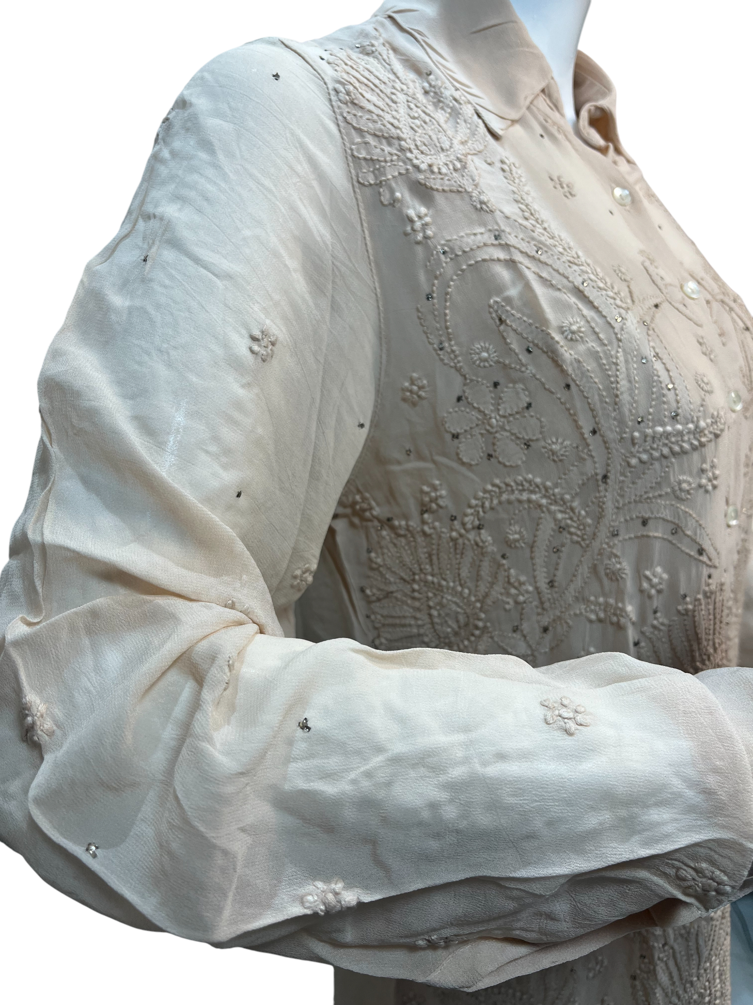 Chikan Hand Embroidered Georgette Beige Shirt - SHILVIKA