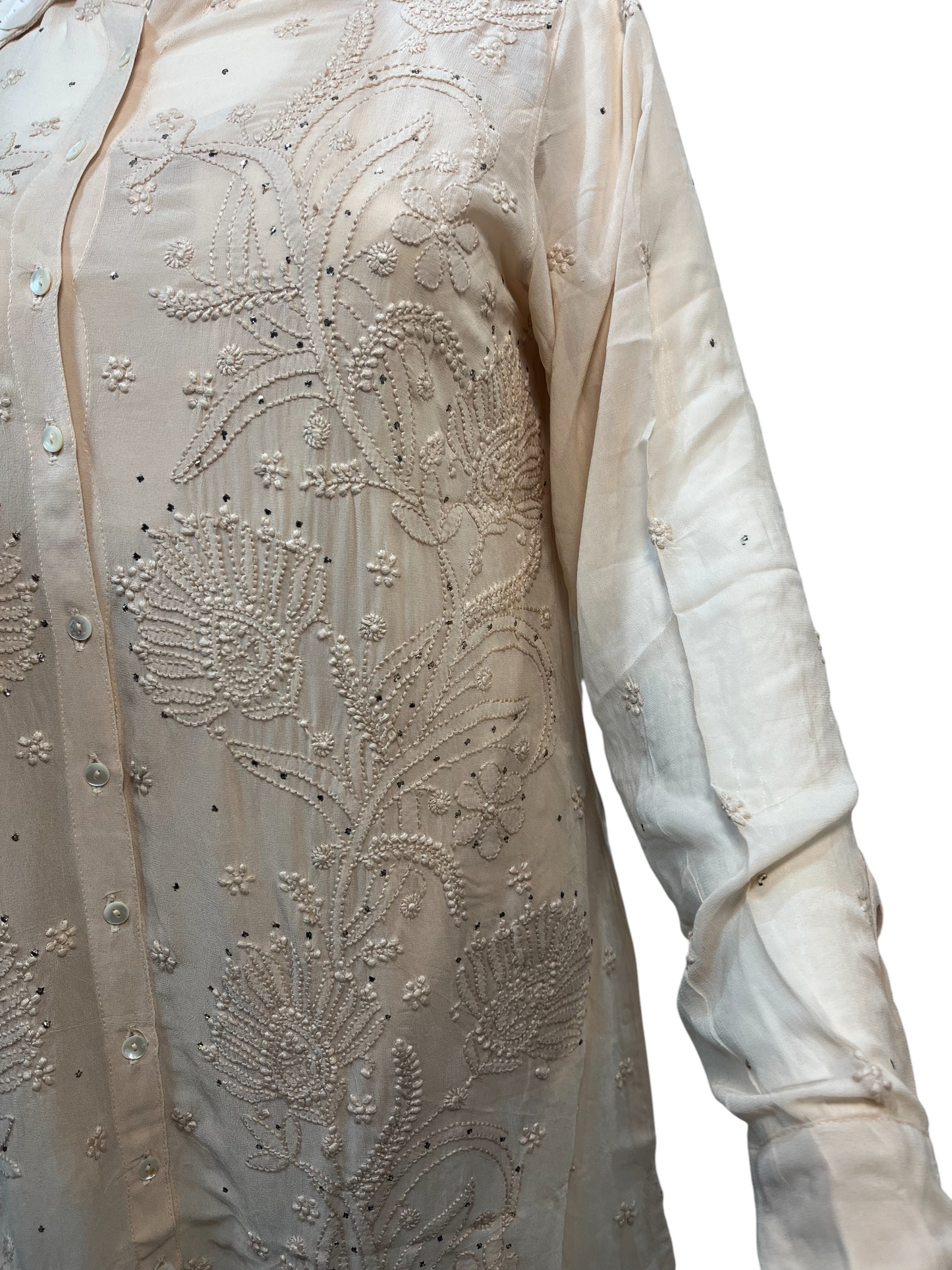 Chikan Hand Embroidered Georgette Beige Shirt - SHILVIKA