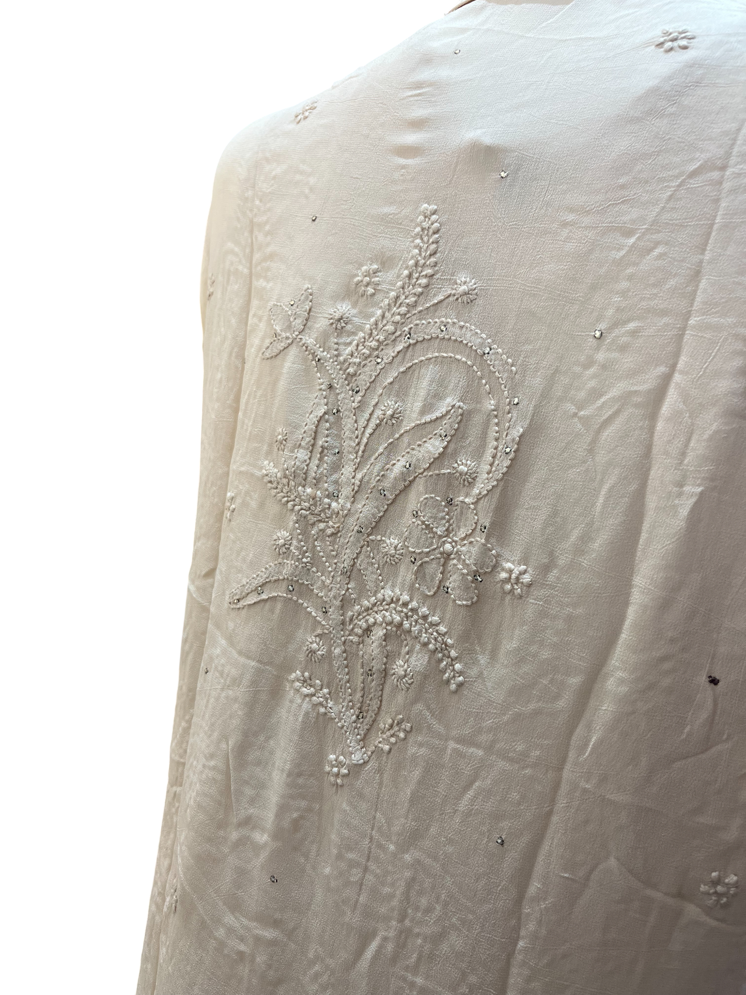 Chikan Hand Embroidered Georgette Beige Shirt - SHILVIKA