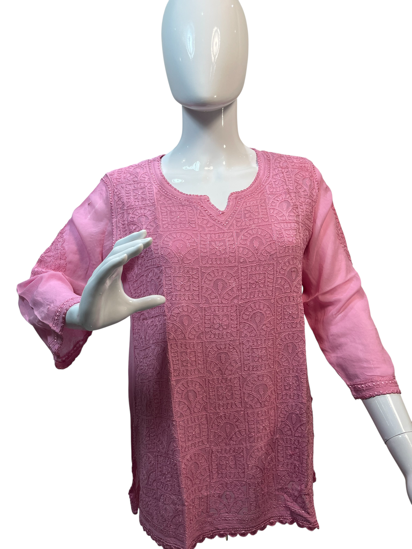 Pink Hand-Embroidered Chikankari Top with Matching Lace Details - SHILVIKA