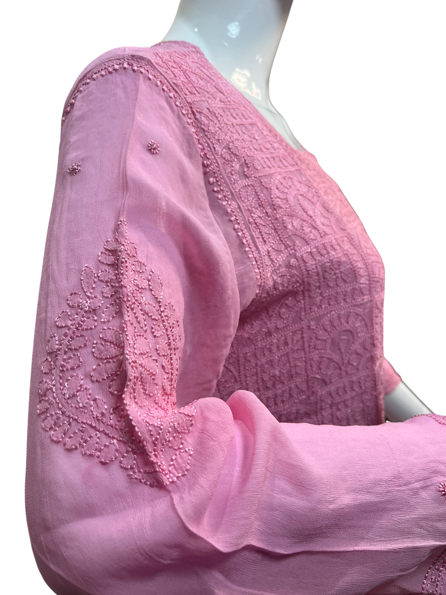 Pink Hand-Embroidered Chikankari Top with Matching Lace Details - SHILVIKA