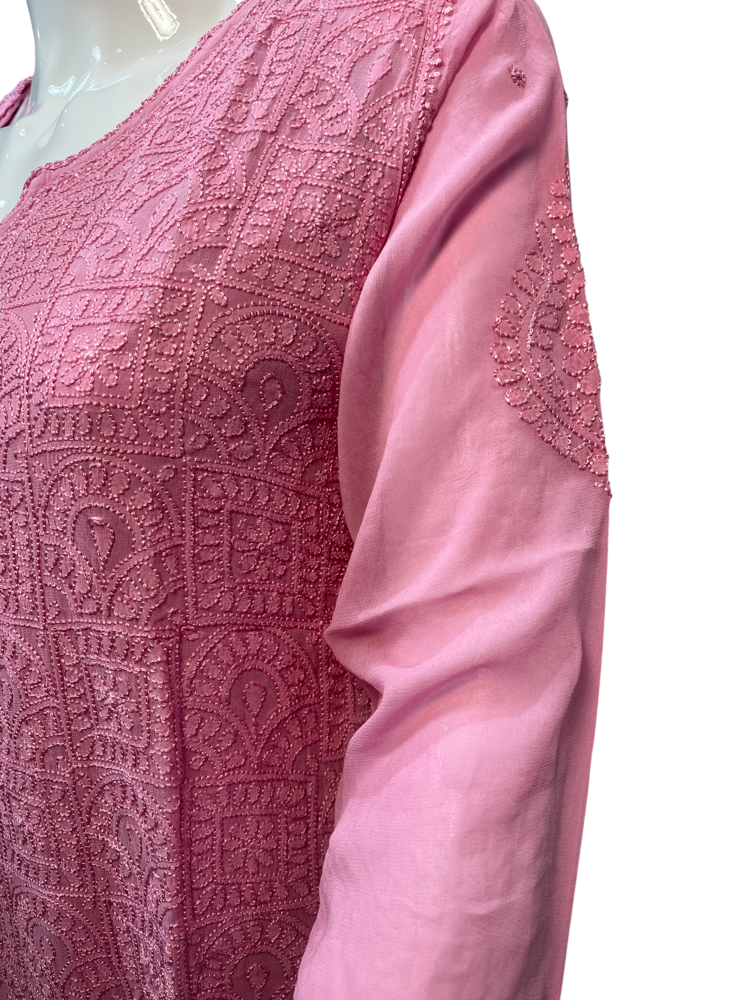 Pink Hand-Embroidered Chikankari Top with Matching Lace Details - SHILVIKA