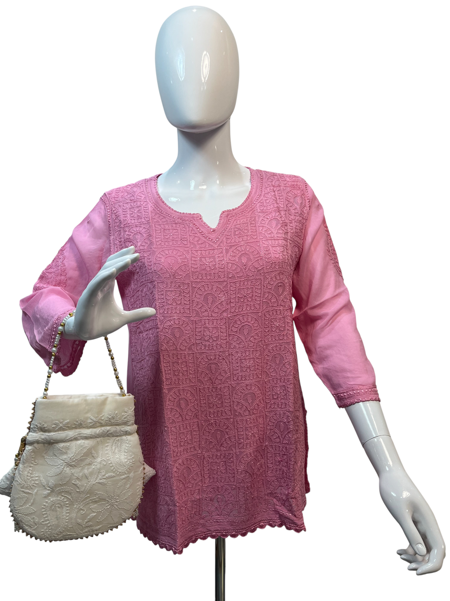Pink Hand-Embroidered Chikankari Top with Matching Lace Details - SHILVIKA