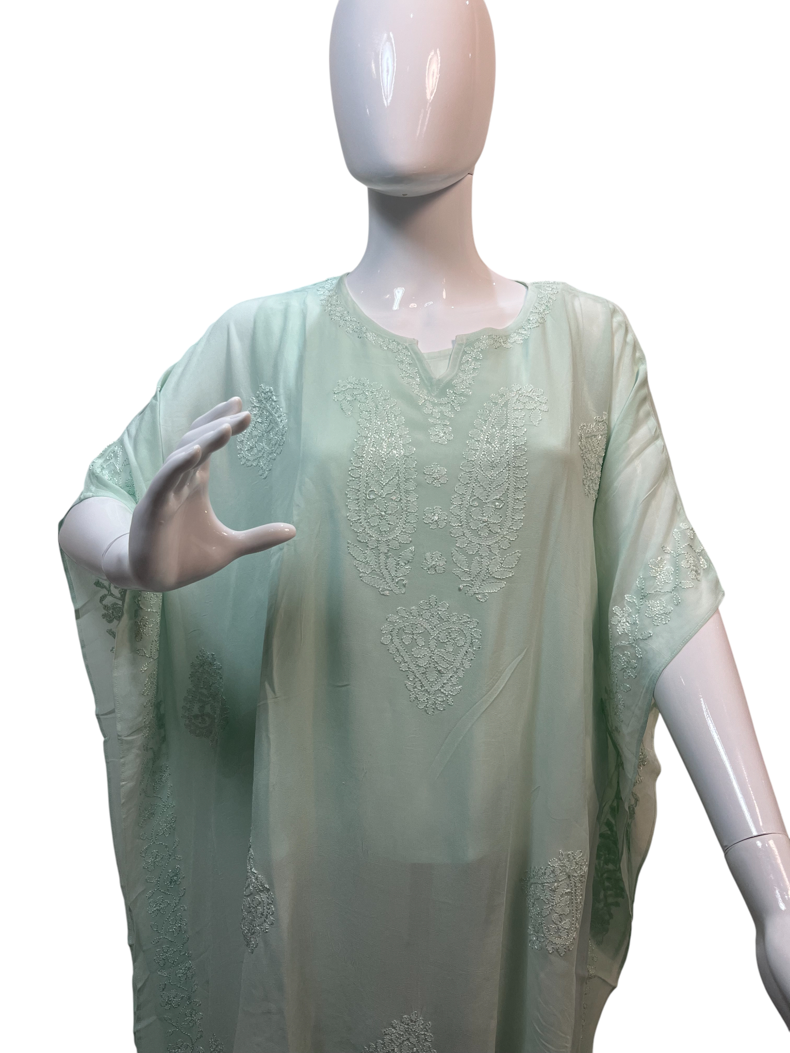 Sea Green Georgette Short Kaftan with Chikankari Embroidery - SHILVIKA