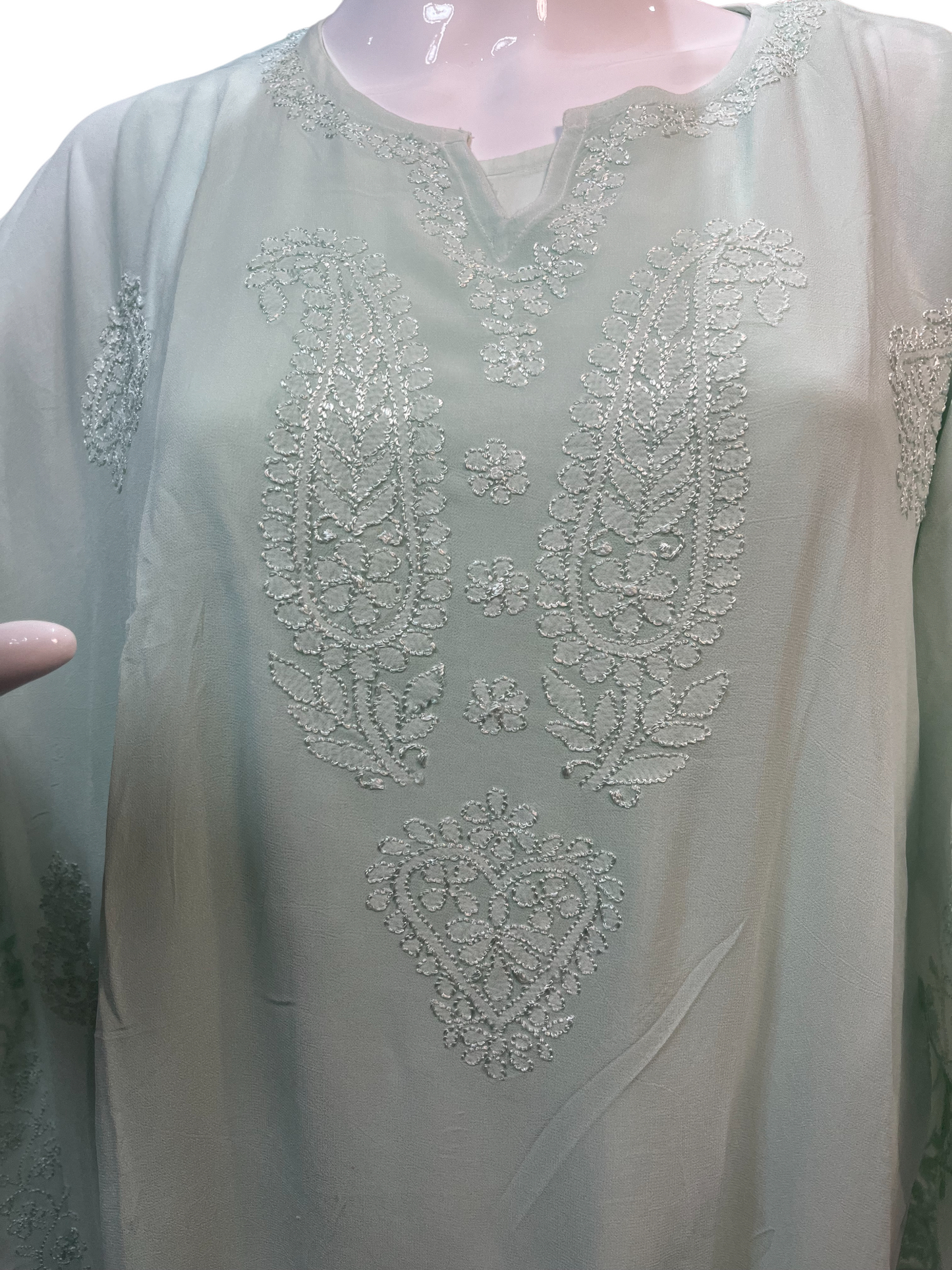 Sea Green Georgette Short Kaftan with Chikankari Embroidery - SHILVIKA