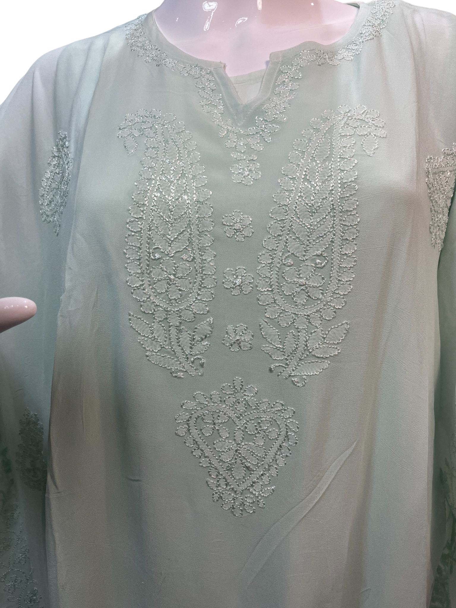 Sea Green Georgette Short Kaftan with Chikankari Embroidery - SHILVIKA