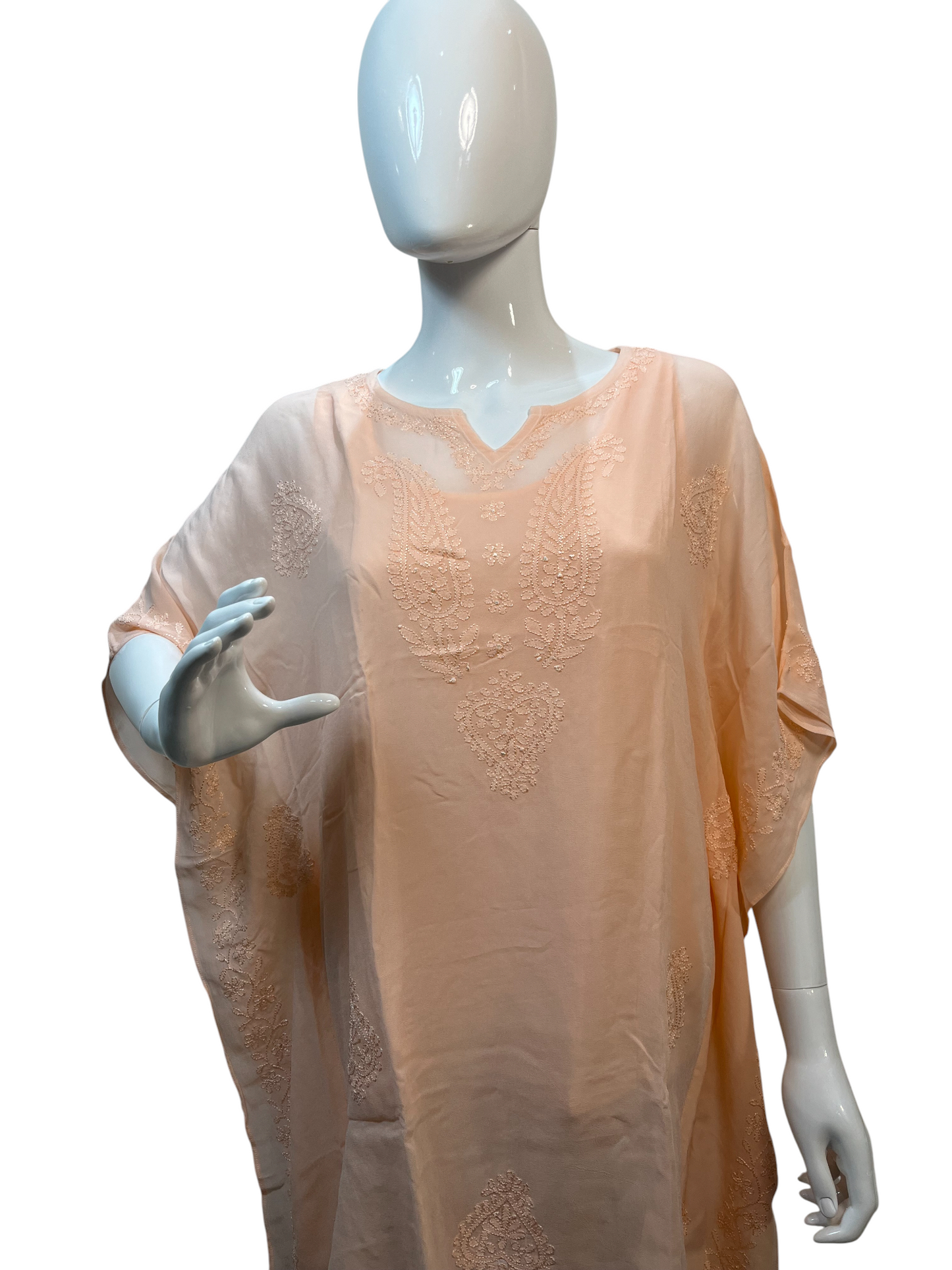 Peach Georgette Short Kaftan with Chikankari Embroidery - SHILVIKA