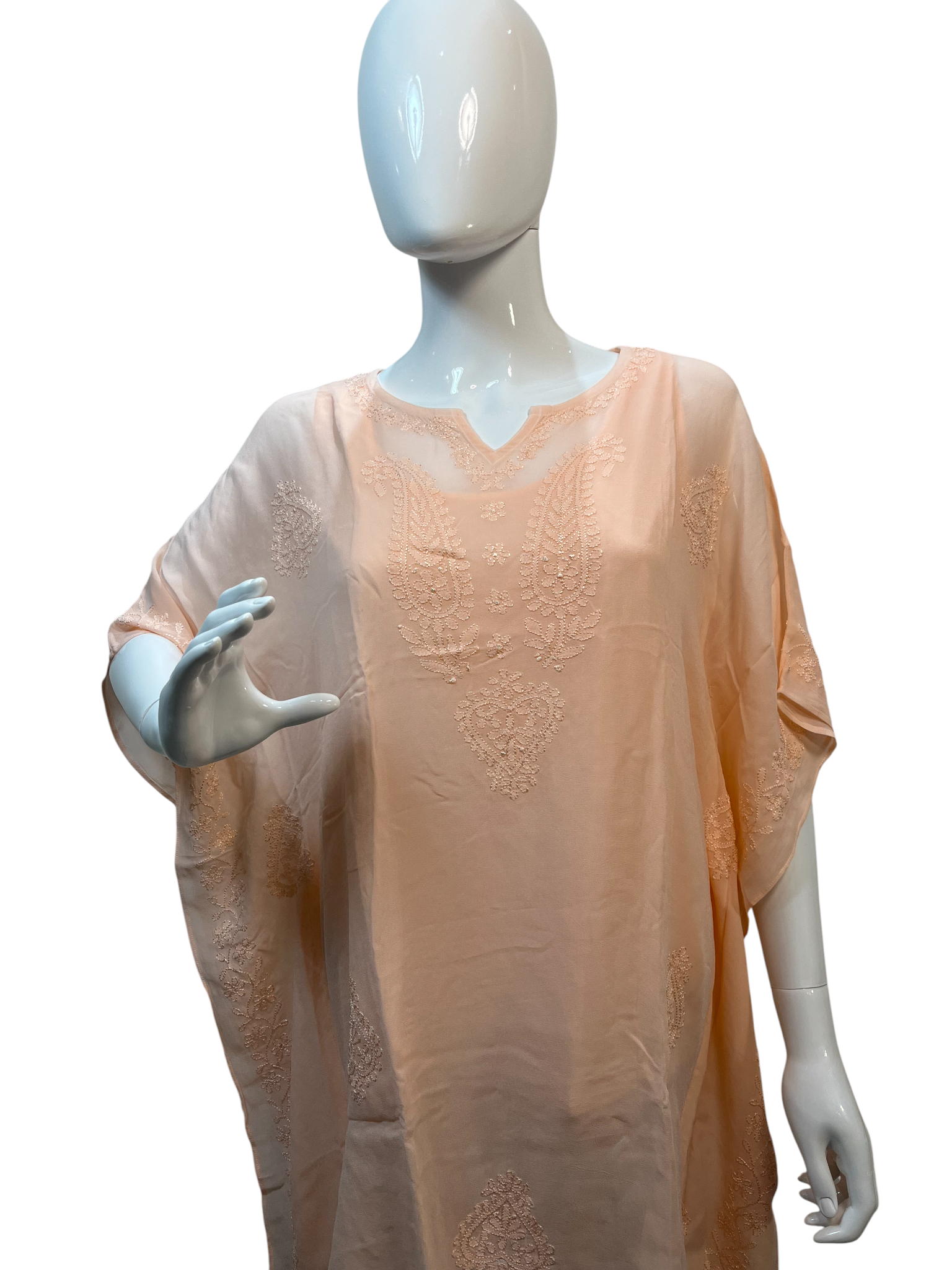 Peach Georgette Short Kaftan with Chikankari Embroidery - SHILVIKA