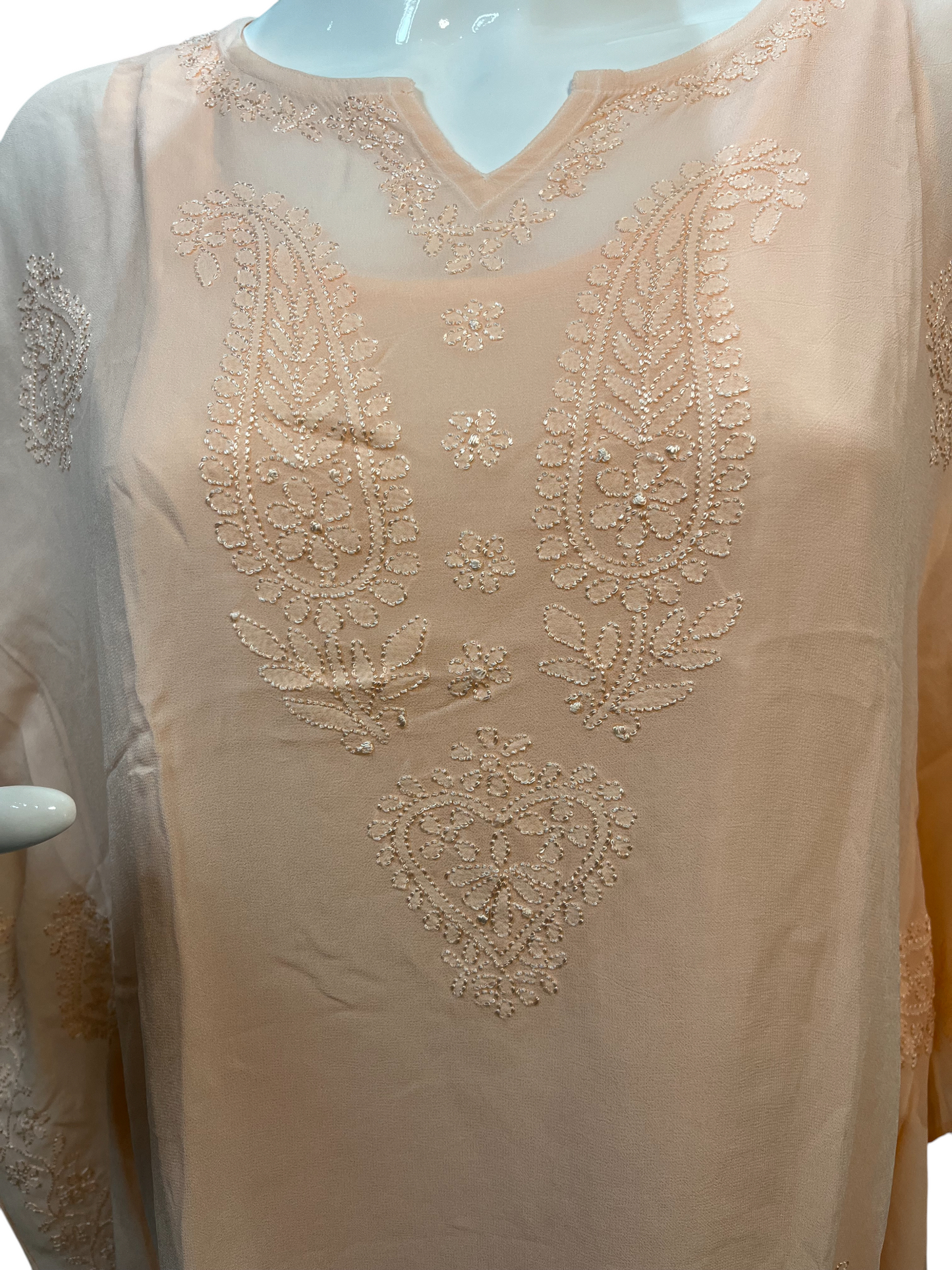 Peach Georgette Short Kaftan with Chikankari Embroidery - SHILVIKA