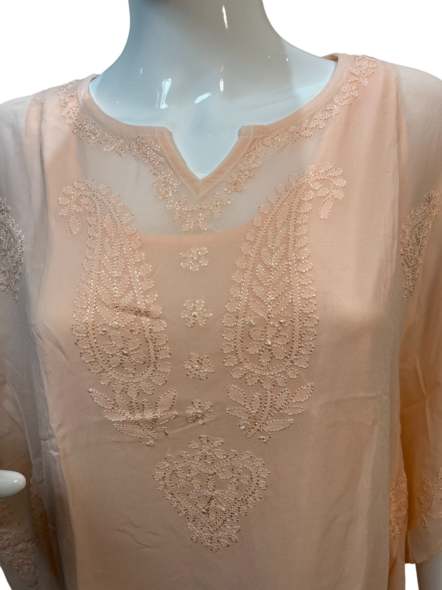 Peach Georgette Short Kaftan with Chikankari Embroidery - SHILVIKA