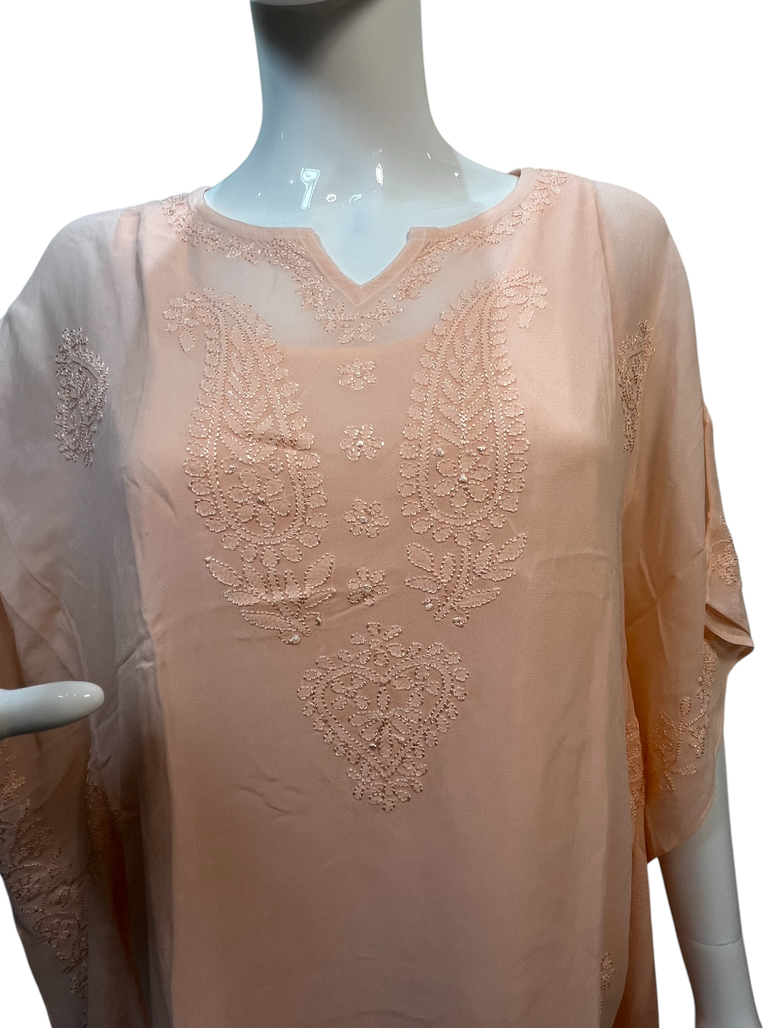 Peach Georgette Short Kaftan with Chikankari Embroidery - SHILVIKA