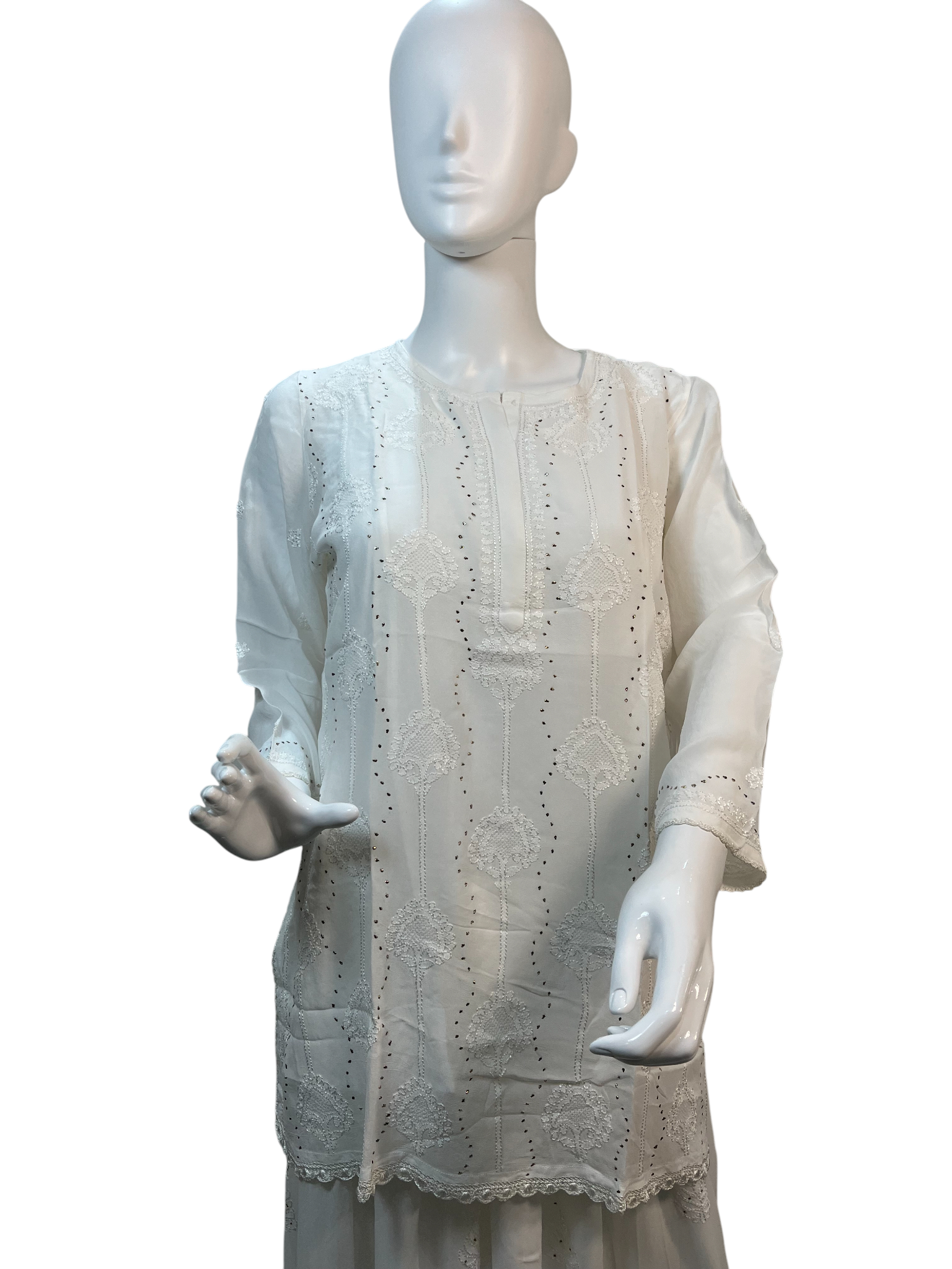 White Chikankari Kurta with Mukaish, Jali & Lace Details - SHILVIKA