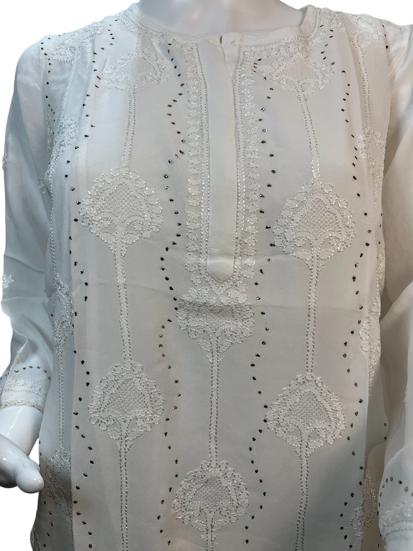 White Chikankari Kurta with Mukaish, Jali & Lace Details - SHILVIKA