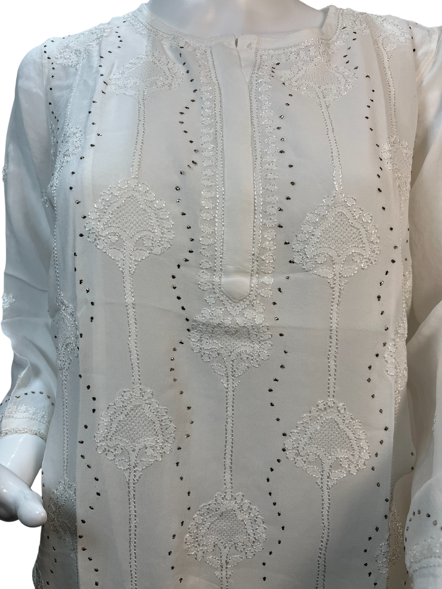 White Chikankari Kurta with Mukaish, Jali & Lace Details - SHILVIKA