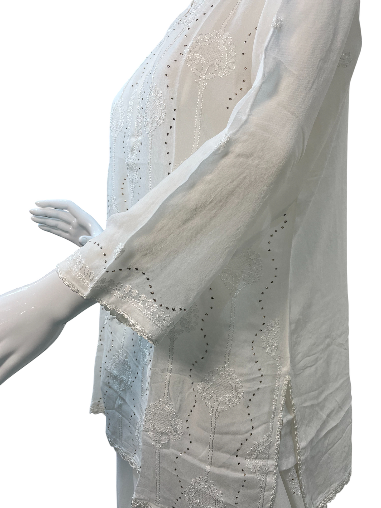 White Chikankari Kurta with Mukaish, Jali & Lace Details - SHILVIKA