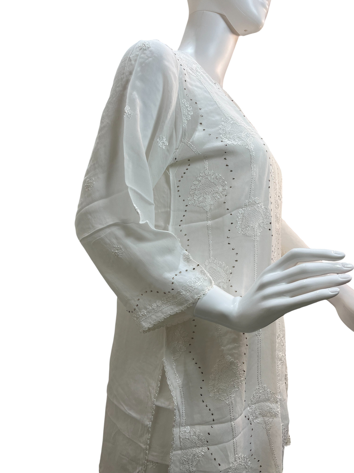 White Chikankari Kurta with Mukaish, Jali & Lace Details - SHILVIKA