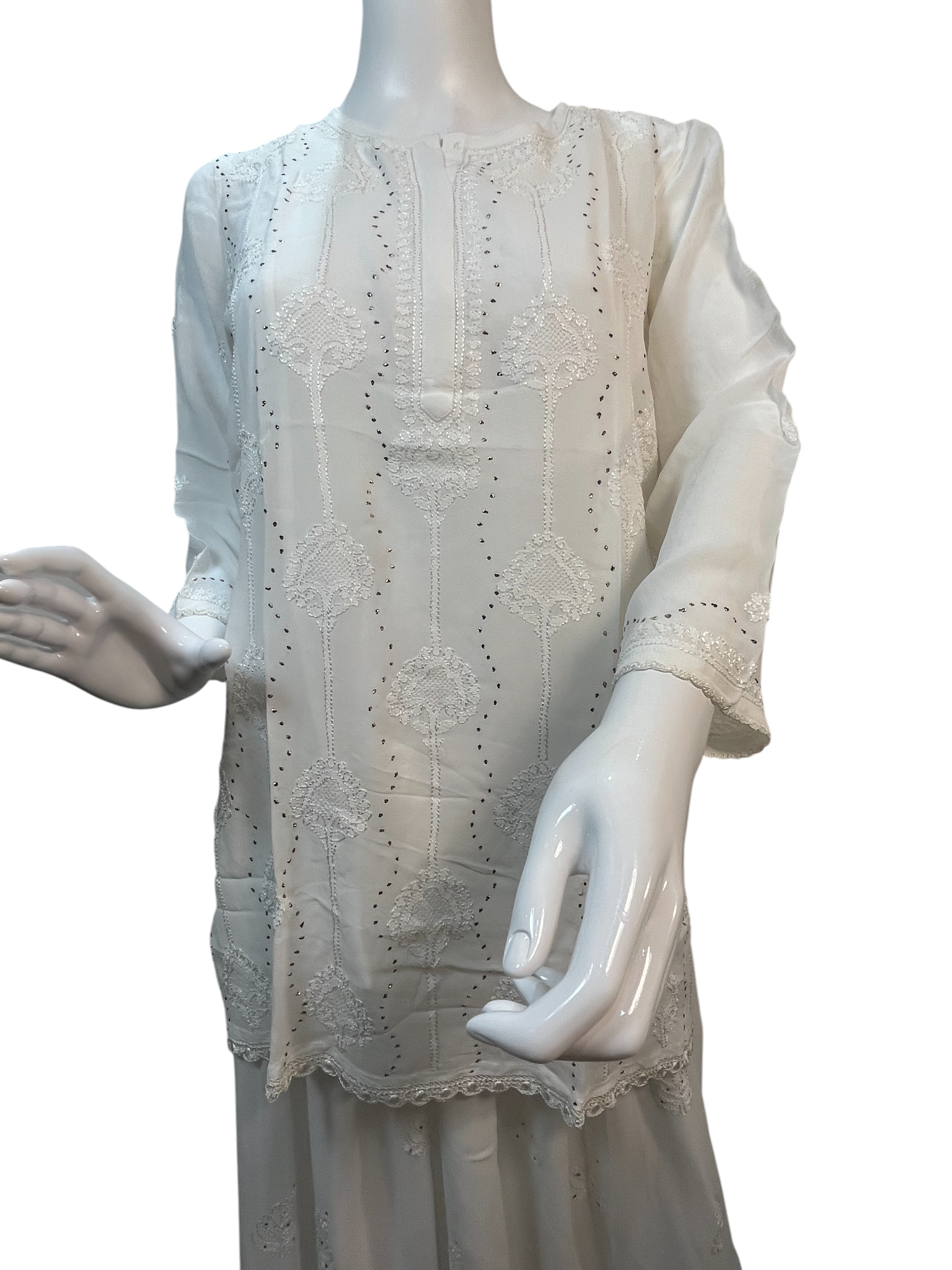 White Chikankari Kurta with Mukaish, Jali & Lace Details - SHILVIKA