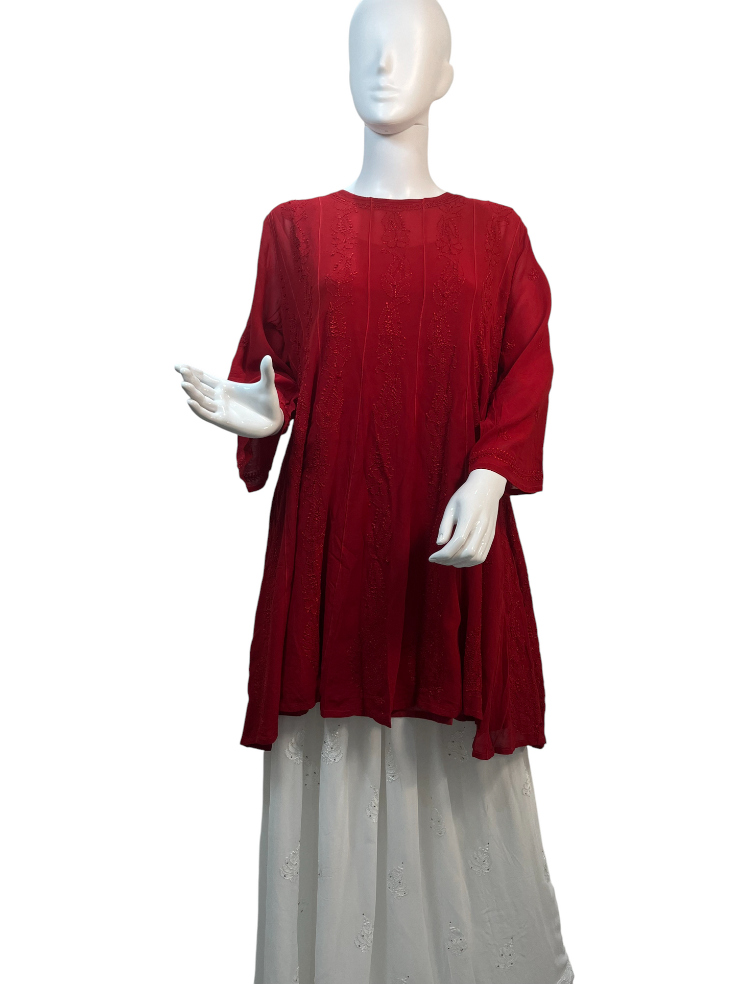 Vibrant Chikankari Embroidered Short Anarkali Dress with Floral Motifs in Red - SHILVIKA