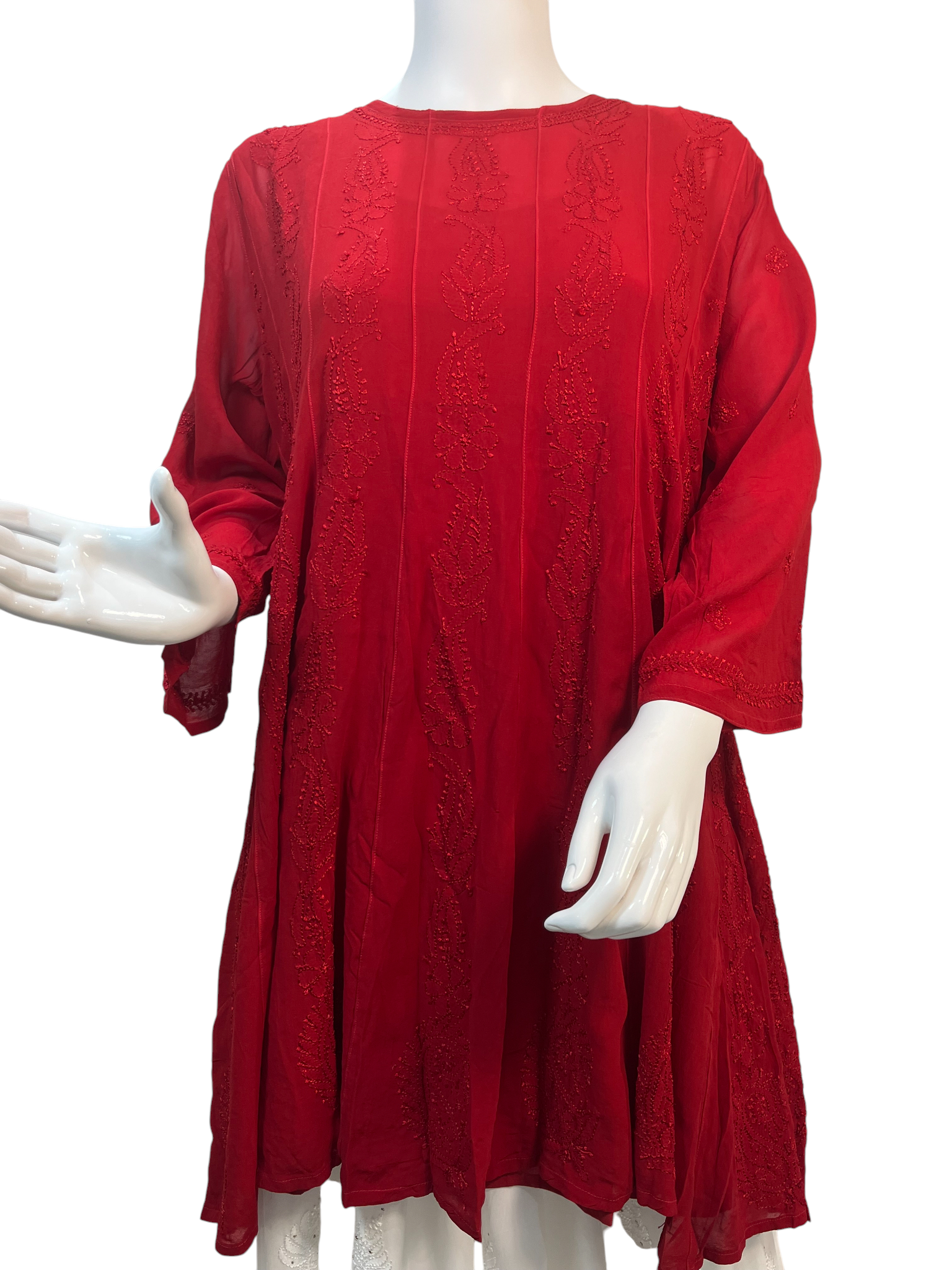 Vibrant Chikankari Embroidered Short Anarkali Dress with Floral Motifs in Red - SHILVIKA