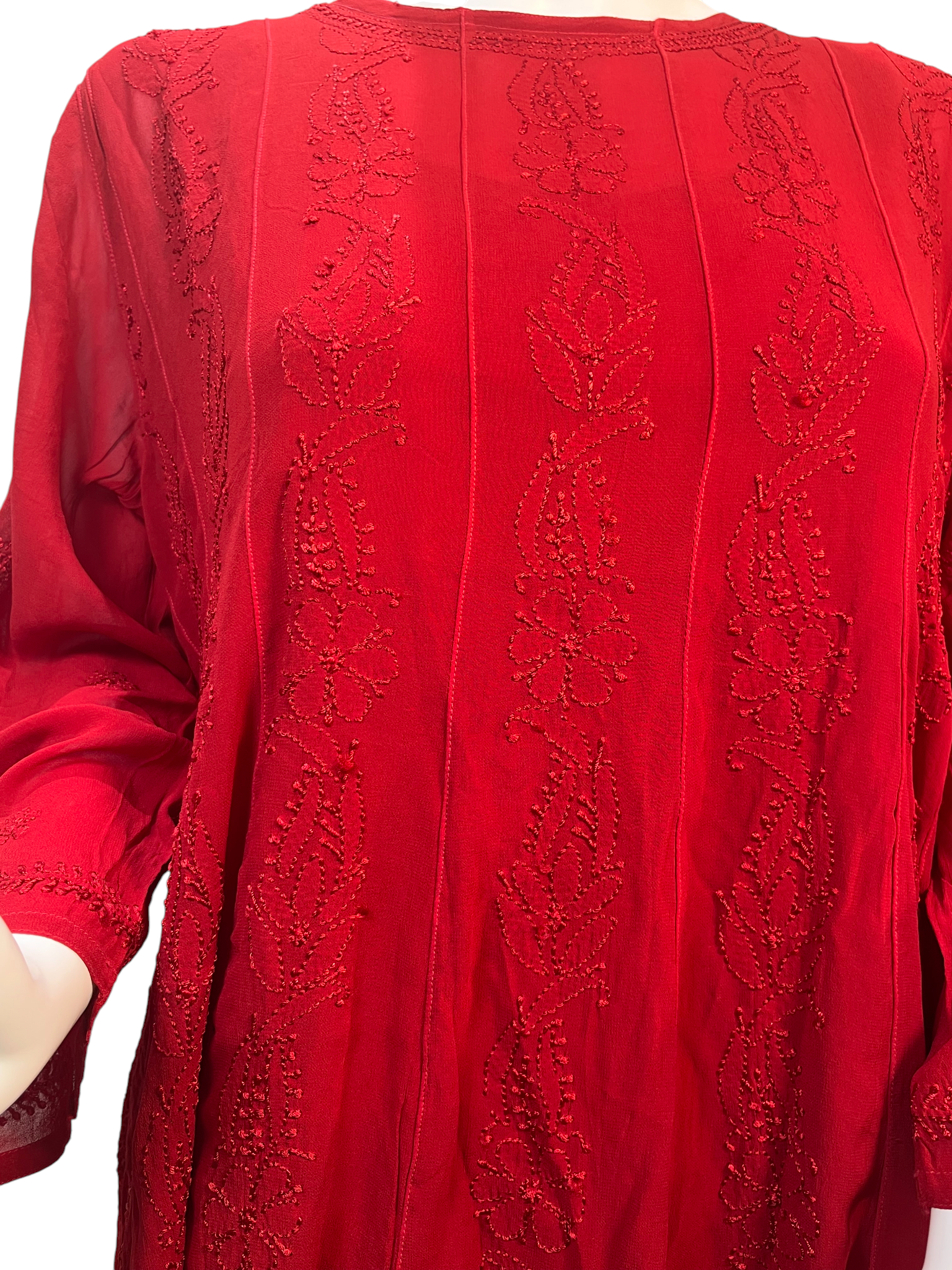 Vibrant Chikankari Embroidered Short Anarkali Dress with Floral Motifs in Red - SHILVIKA