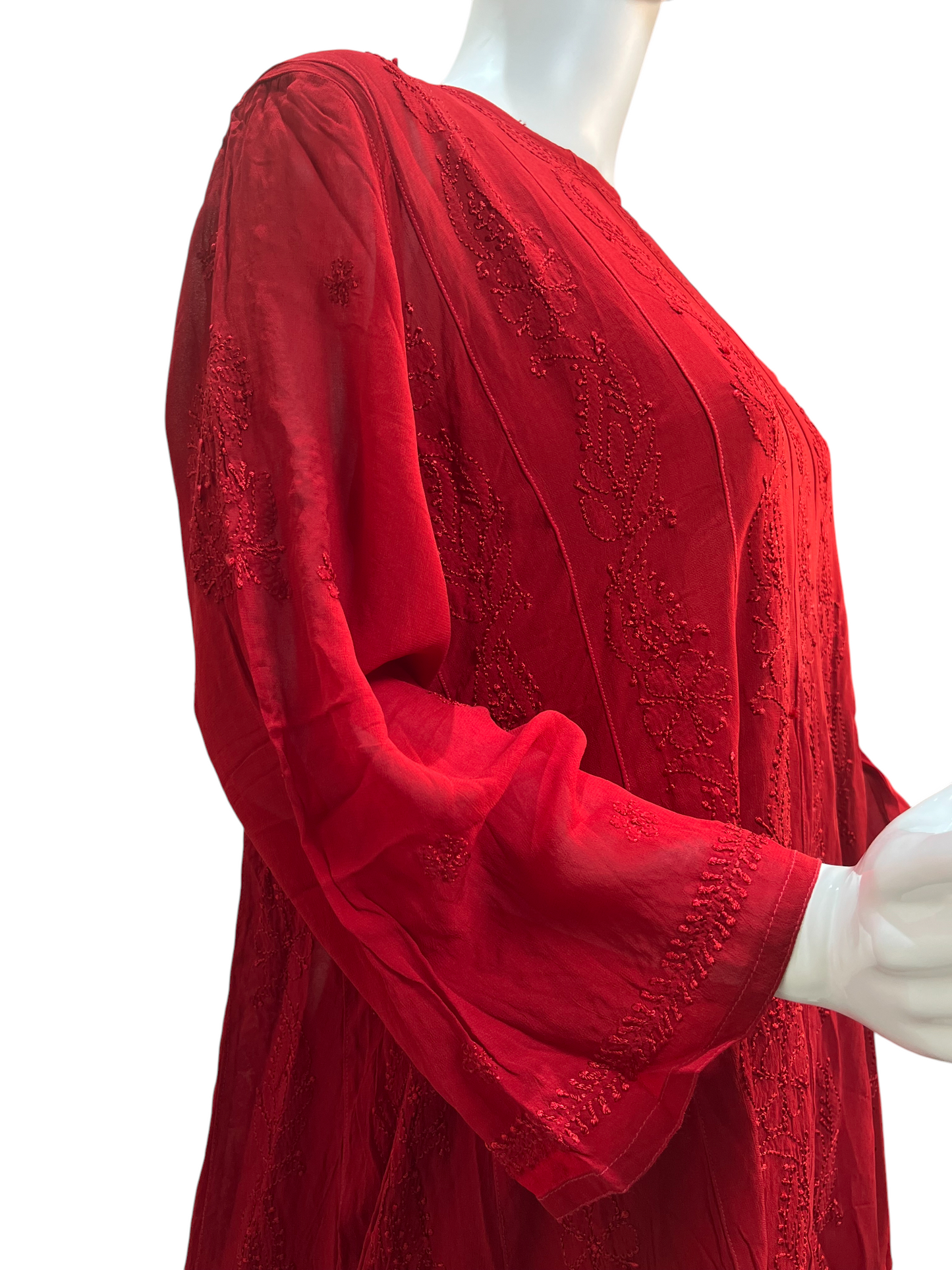 Vibrant Chikankari Embroidered Short Anarkali Dress with Floral Motifs in Red - SHILVIKA