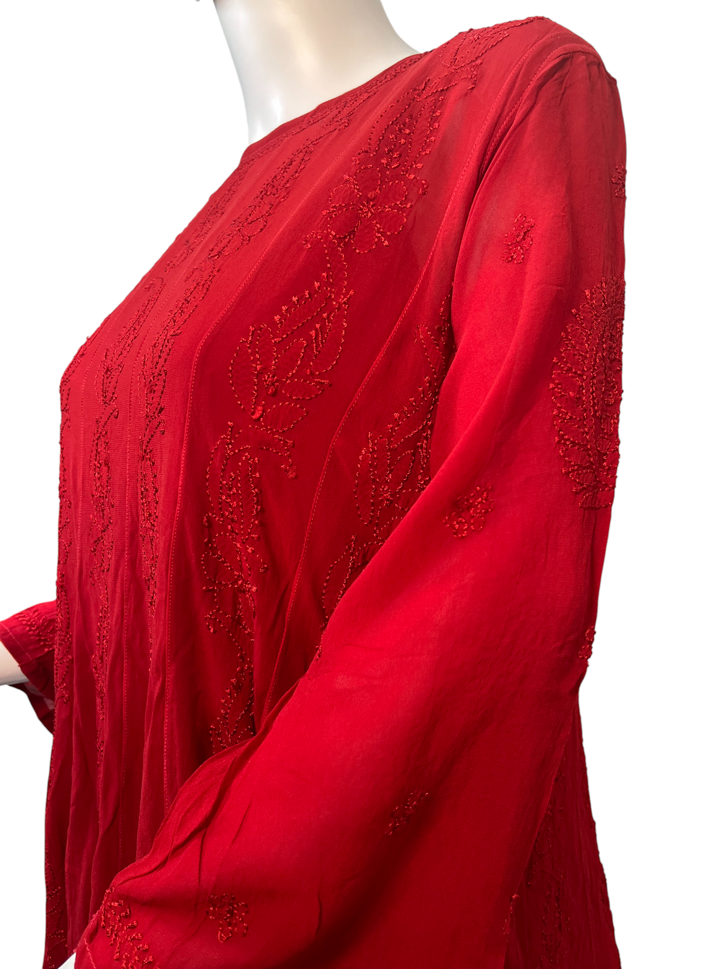 Vibrant Chikankari Embroidered Short Anarkali Dress with Floral Motifs in Red - SHILVIKA
