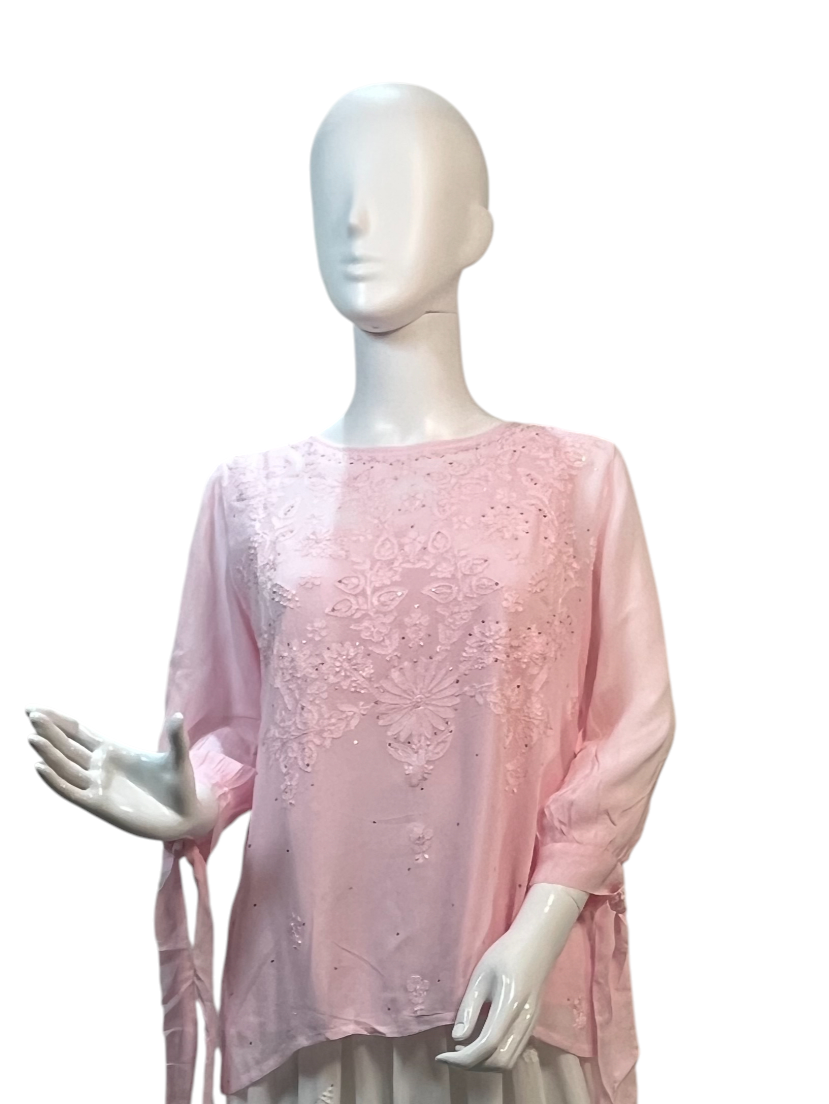 Hand Chikan Embroidery Pearl Sleeve Georgette Light Pink Top - SHILVIKA