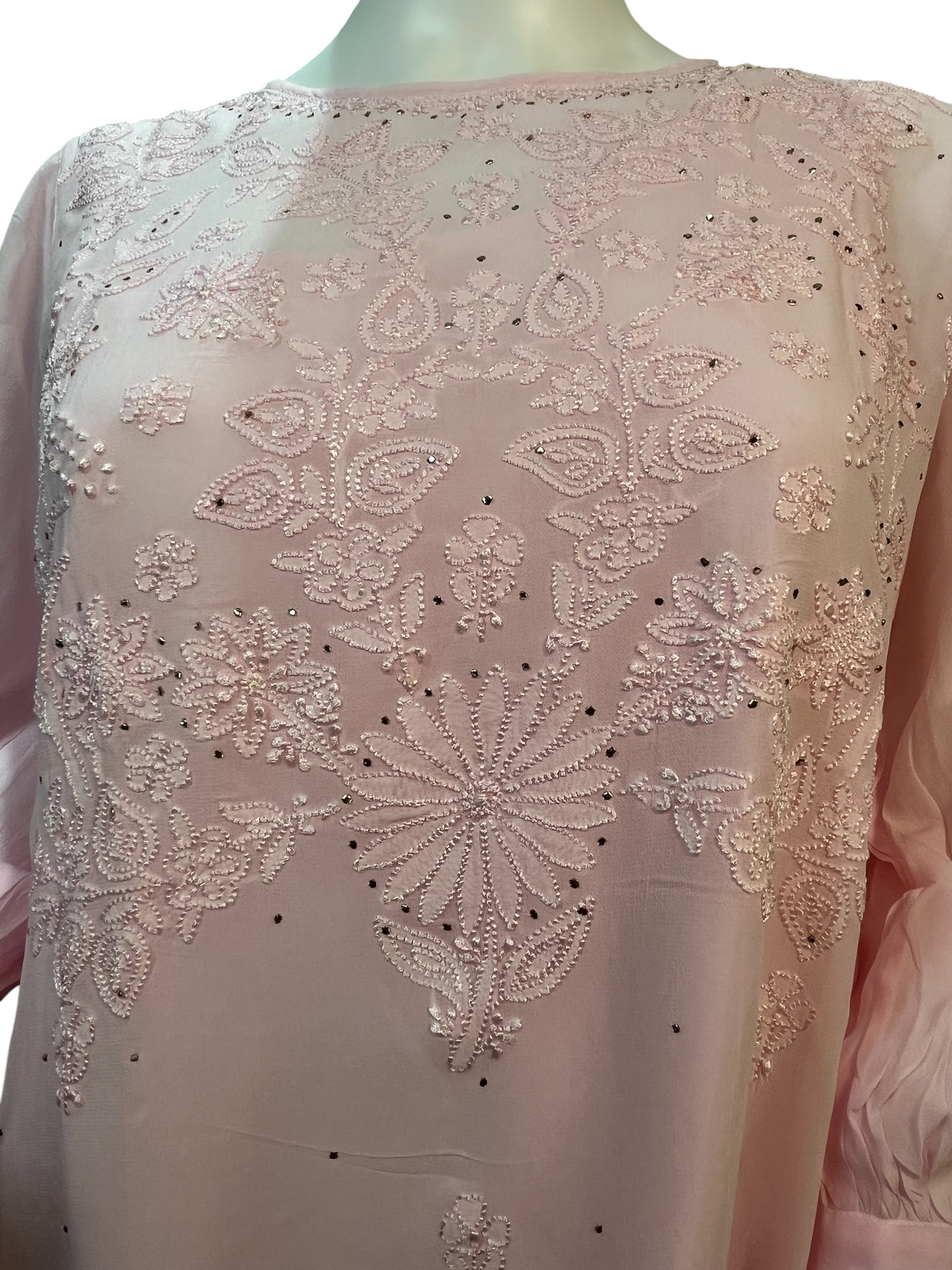 Hand Chikan Embroidery Pearl Sleeve Georgette Light Pink Top - SHILVIKA