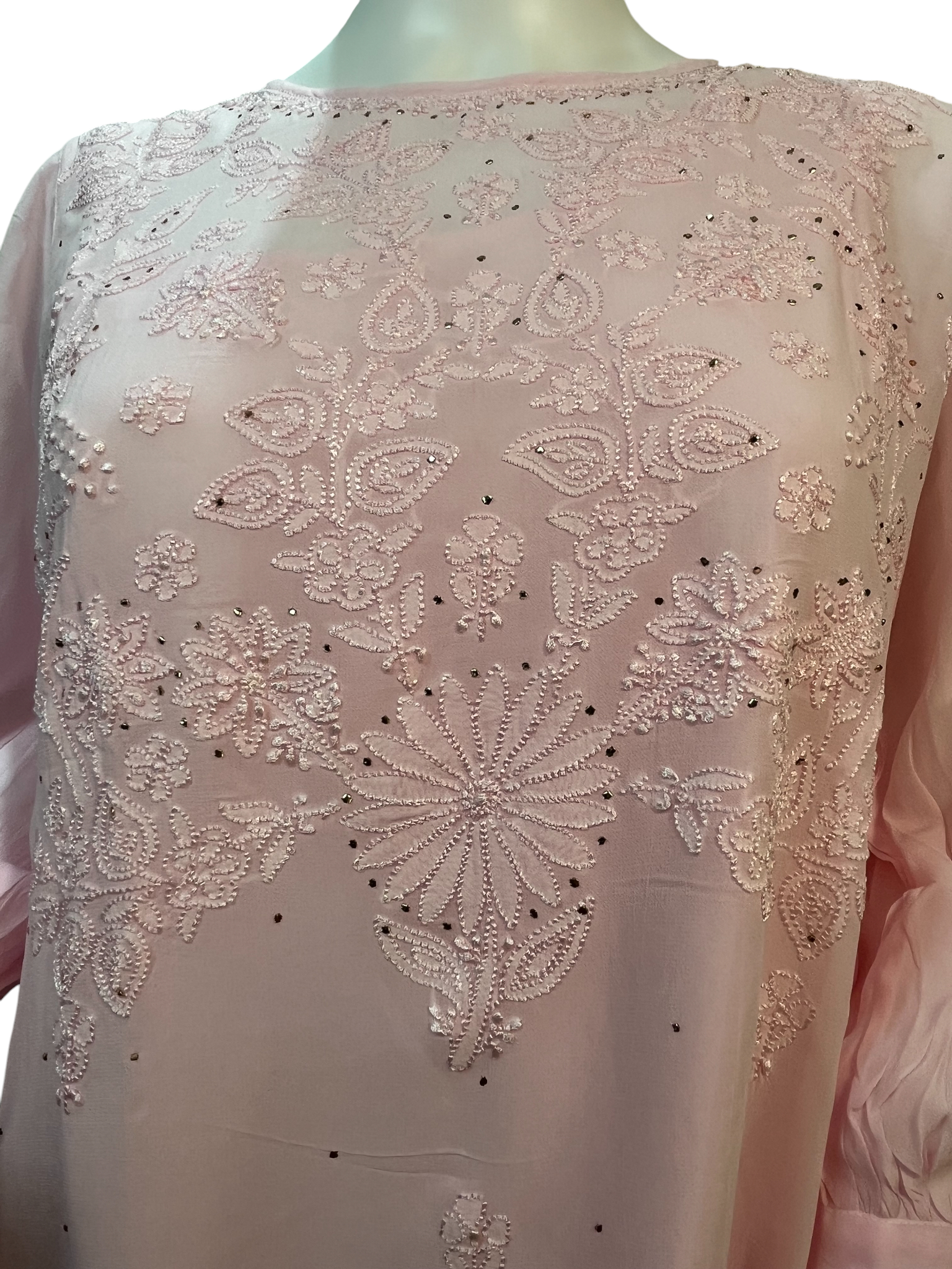 Hand Chikan Embroidery Pearl Sleeve Georgette Light Pink Top - SHILVIKA