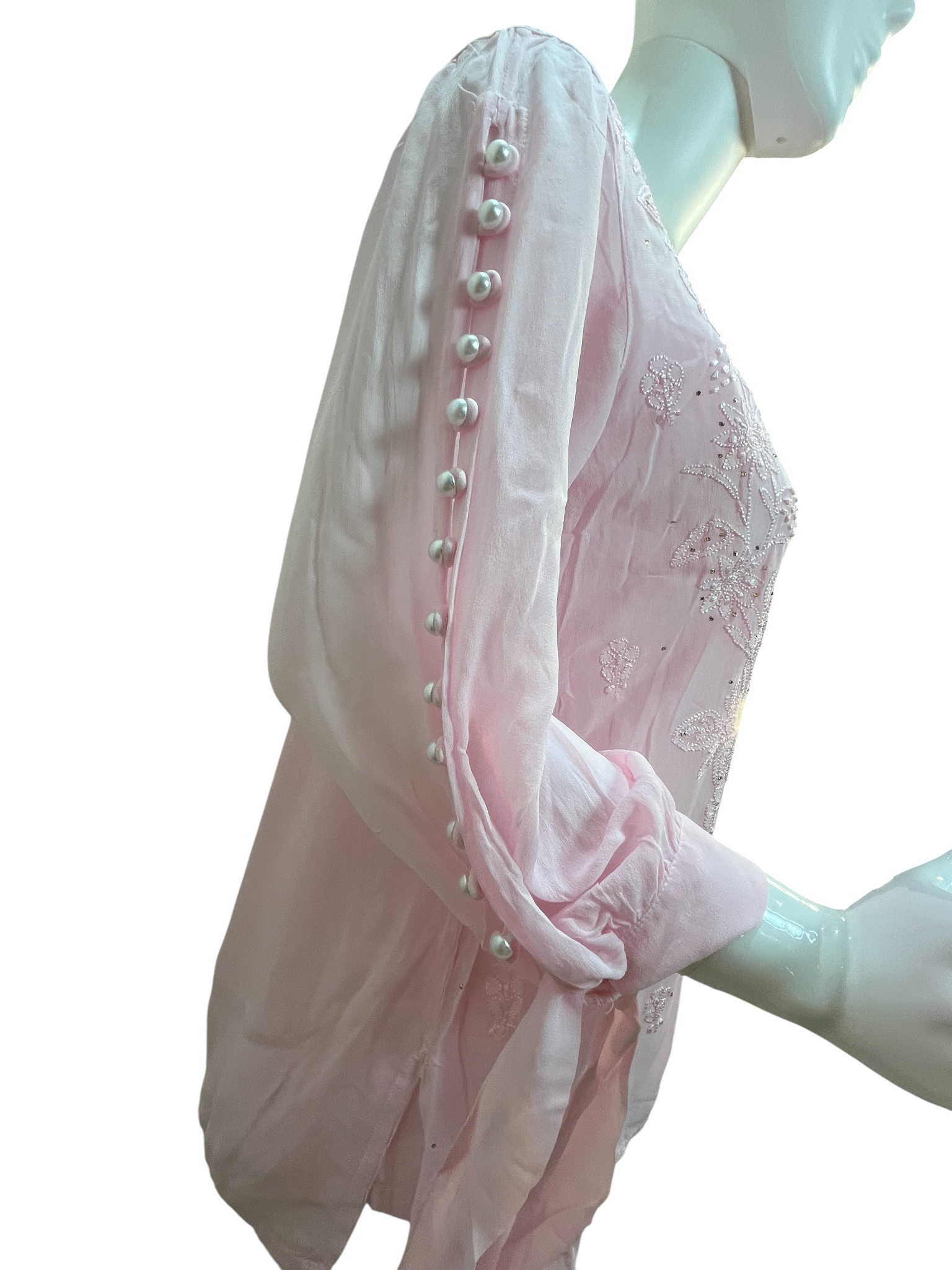 Hand Chikan Embroidery Pearl Sleeve Georgette Light Pink Top - SHILVIKA