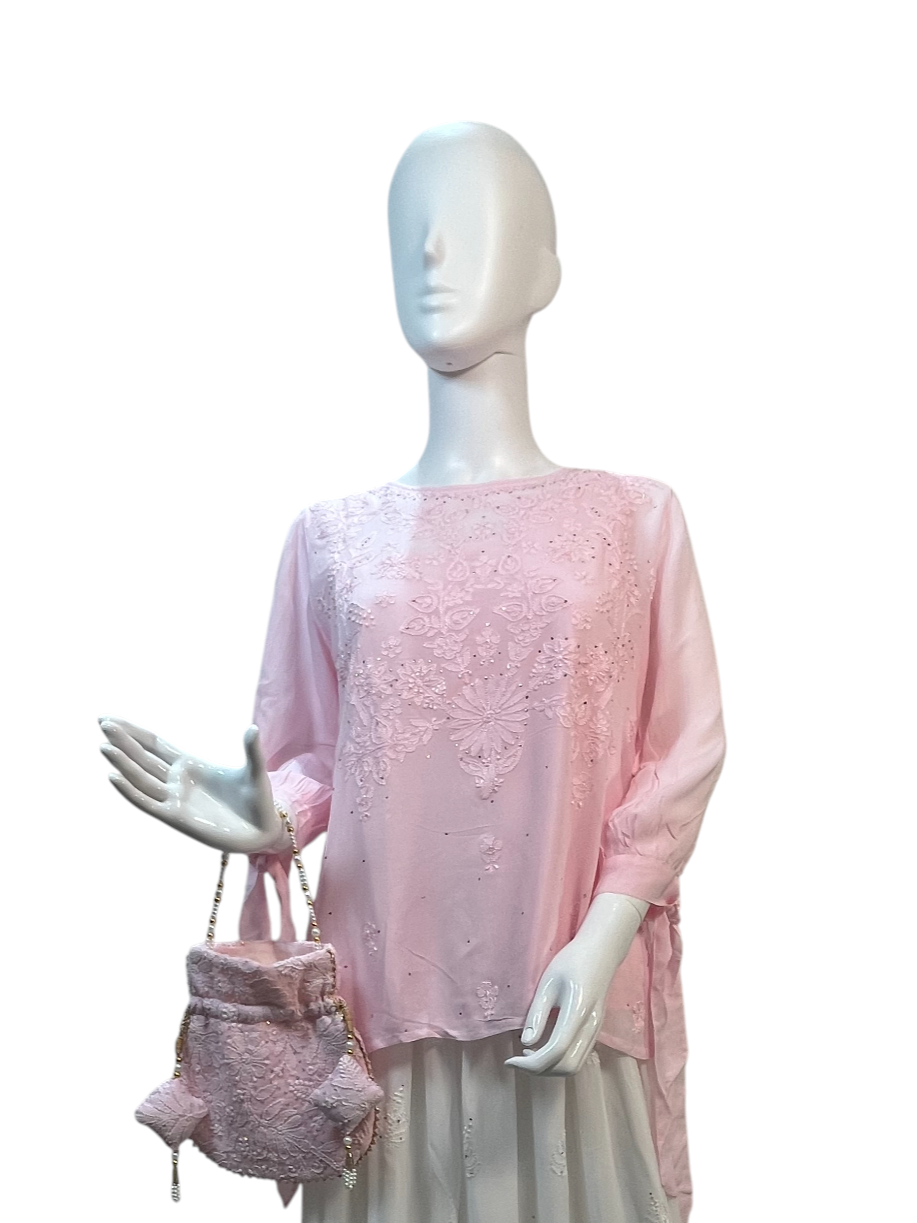 Hand Chikan Embroidery Pearl Sleeve Georgette Light Pink Top - SHILVIKA