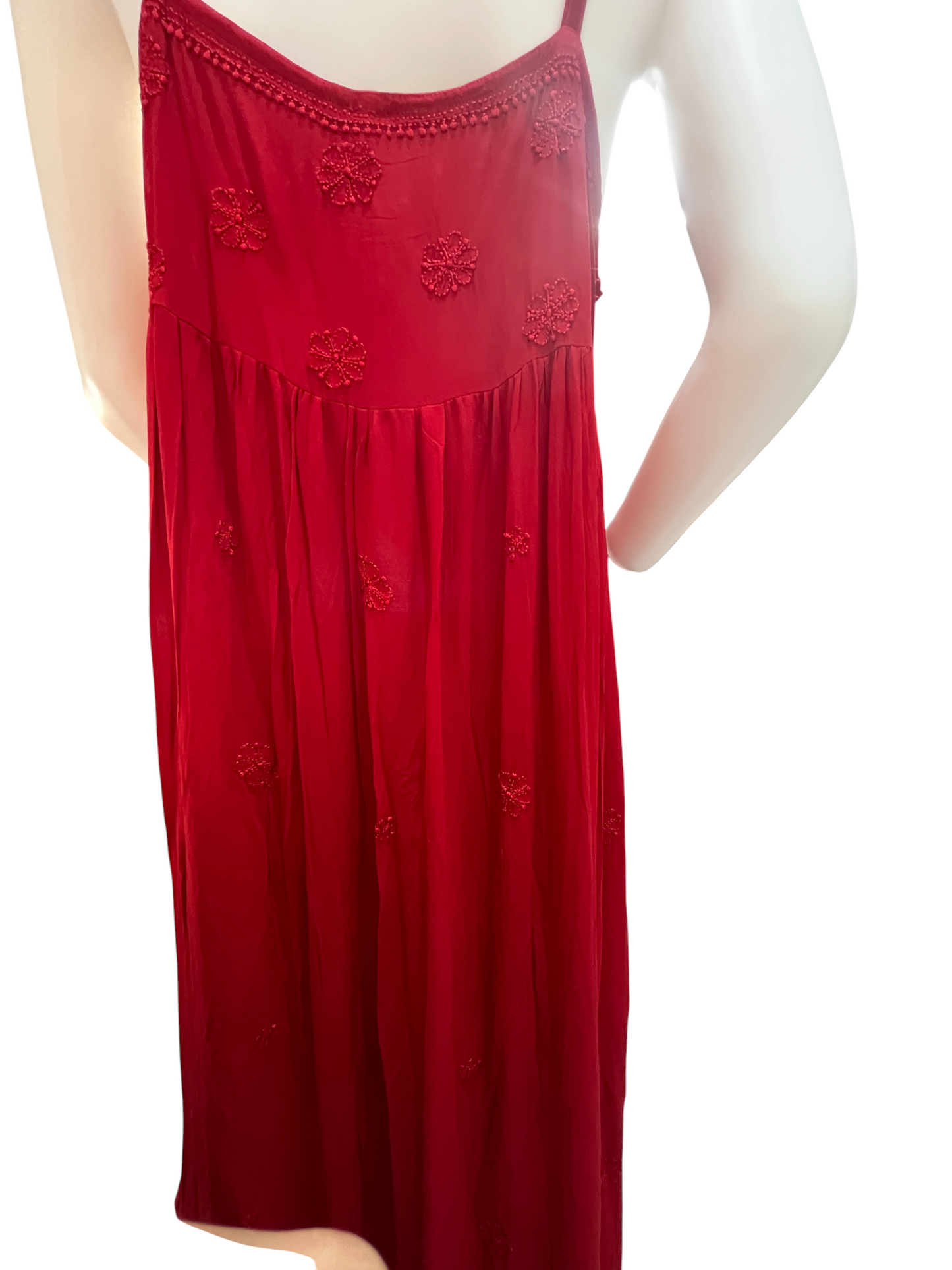 Red Hand-Embroidered Chikankari Long Dress with Lace-Up Detail - SHILVIKA