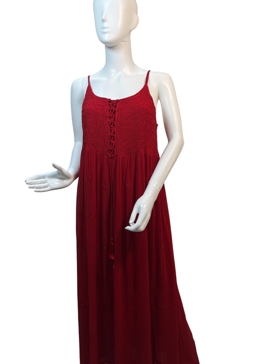 Red Hand-Embroidered Chikankari Long Dress with Lace-Up Detail - SHILVIKA