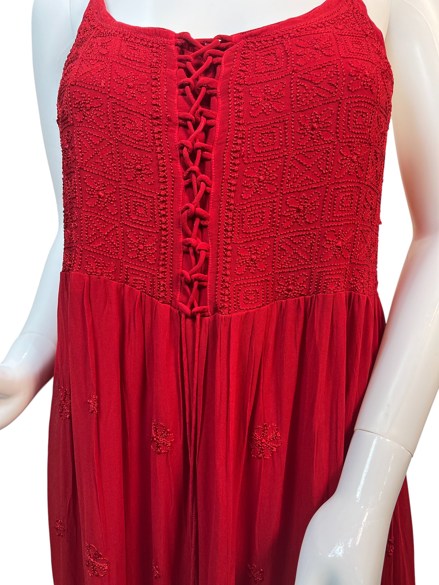 Red Hand-Embroidered Chikankari Long Dress with Lace-Up Detail - SHILVIKA