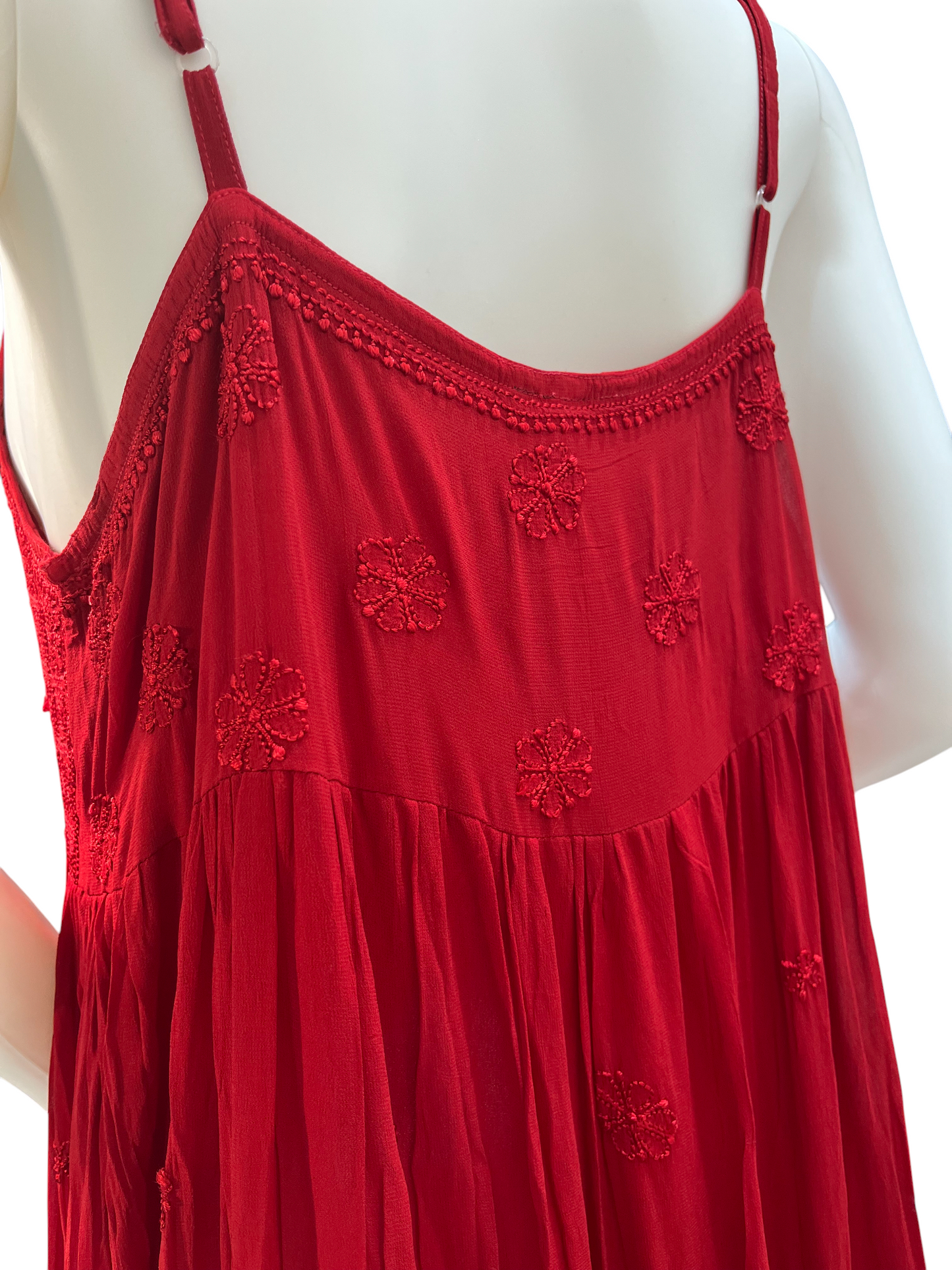 Red Hand-Embroidered Chikankari Long Dress with Lace-Up Detail - SHILVIKA