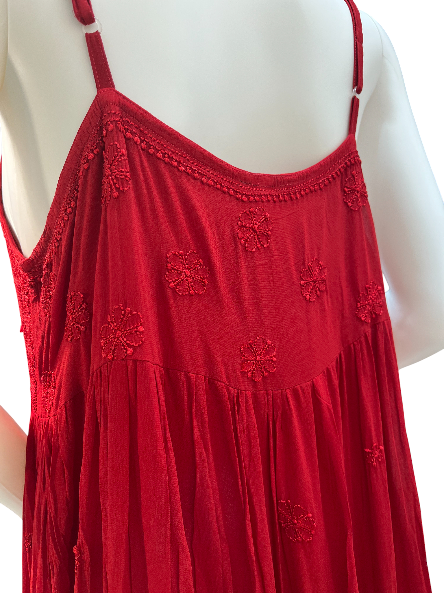 Red Hand-Embroidered Chikankari Long Dress with Lace-Up Detail - SHILVIKA