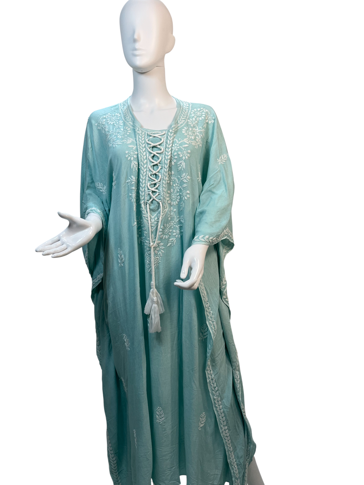 Sea Green Crush Rayon Kaftan with Intricate Chikankari Embroidery - SHILVIKA