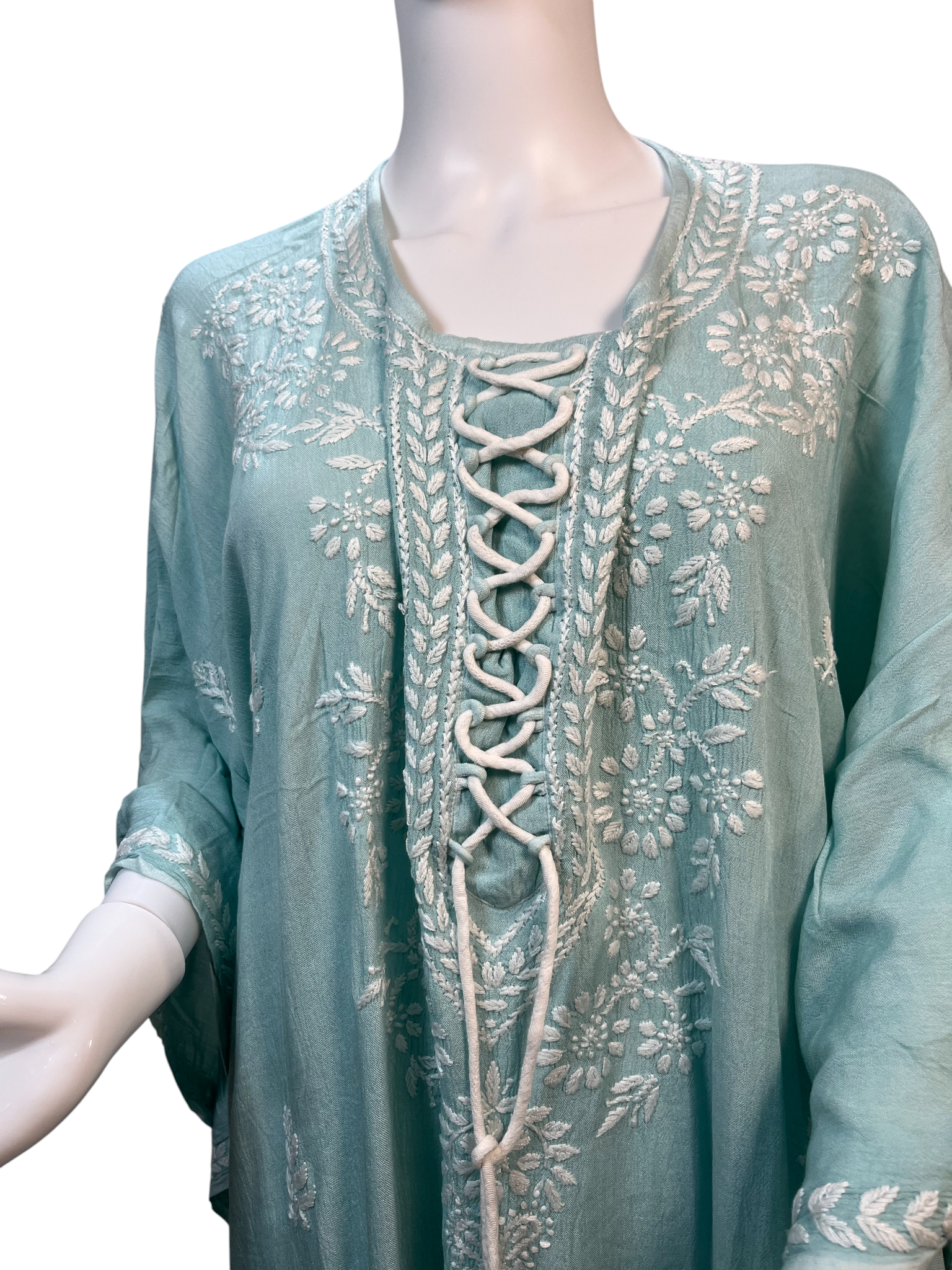 Sea Green Crush Rayon Kaftan with Intricate Chikankari Embroidery - SHILVIKA