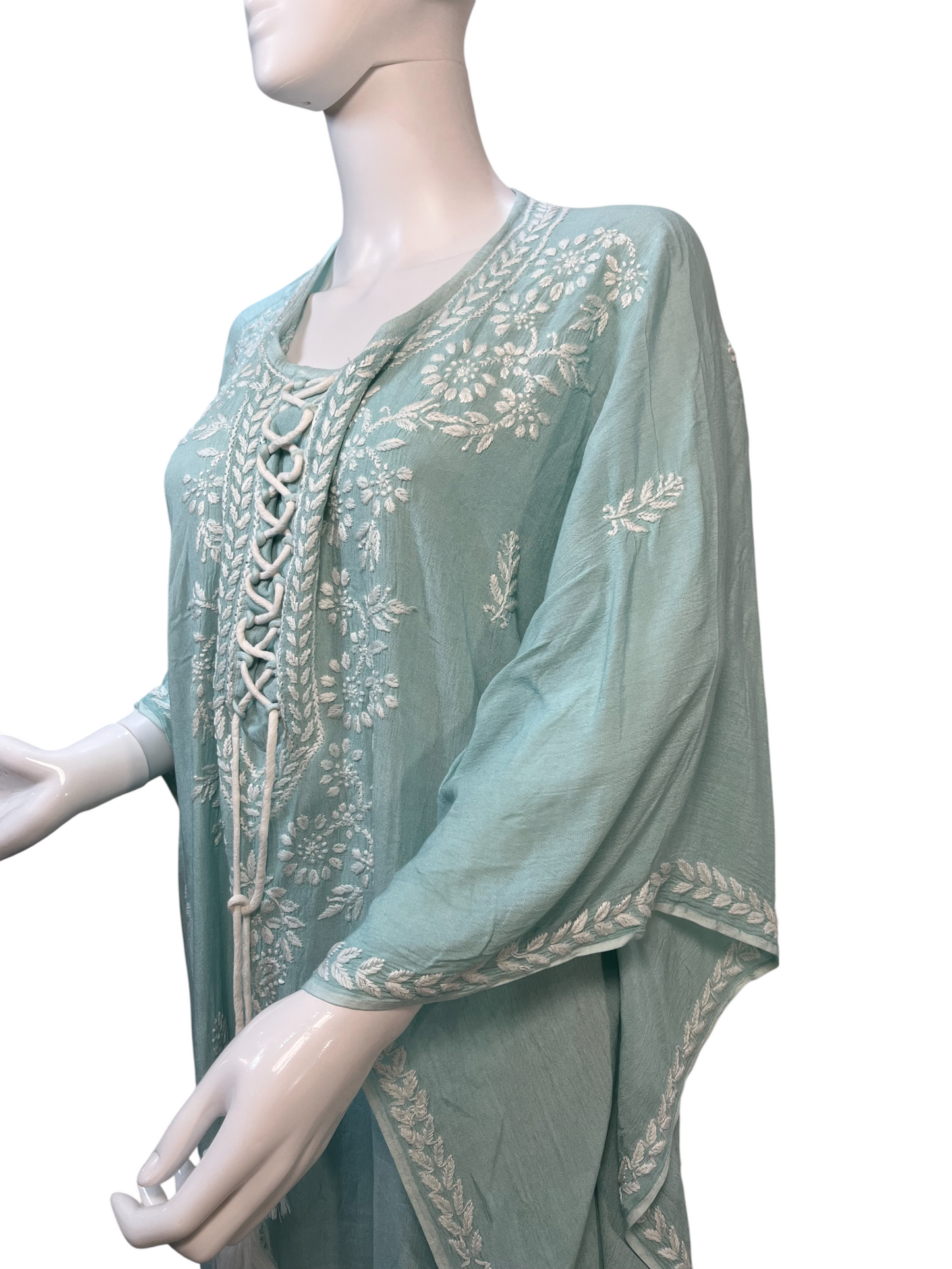 Sea Green Crush Rayon Kaftan with Intricate Chikankari Embroidery - SHILVIKA