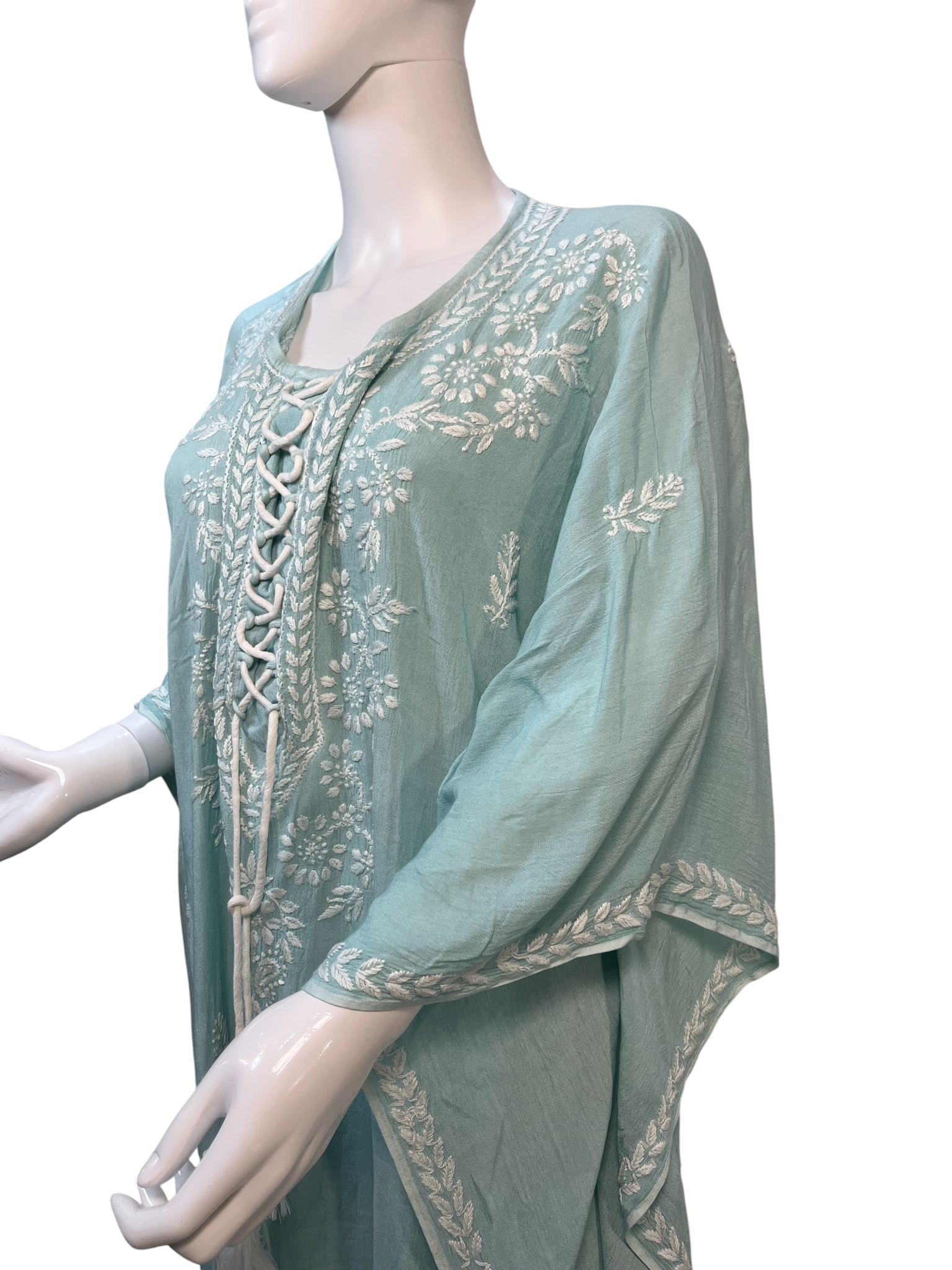 Sea Green Crush Rayon Kaftan with Intricate Chikankari Embroidery - SHILVIKA