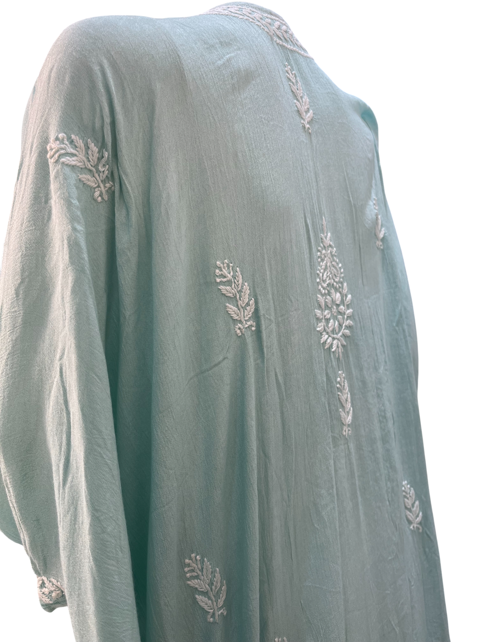 Sea Green Crush Rayon Kaftan with Intricate Chikankari Embroidery - SHILVIKA