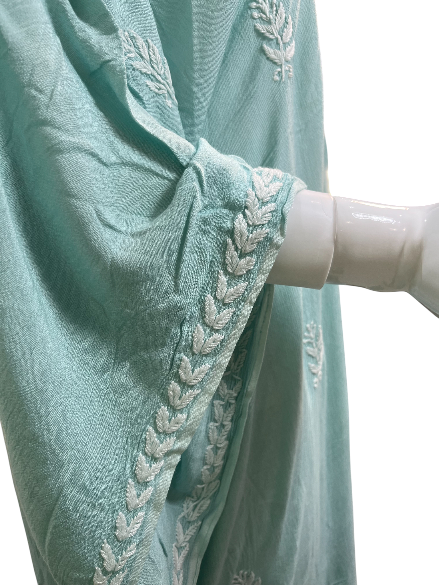 Sea Green Crush Rayon Kaftan with Intricate Chikankari Embroidery - SHILVIKA