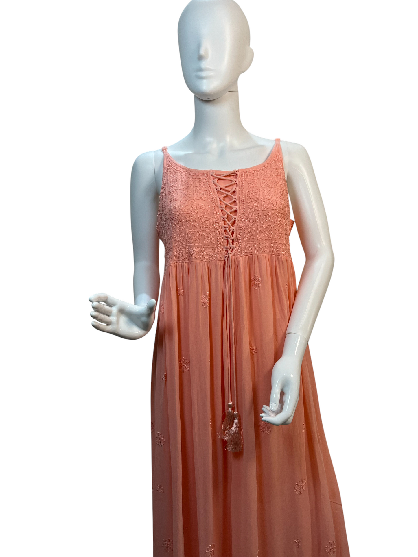 Peach Hand-Embroidered Chikankari Long Dress with Lace-Up Detail - SHILVIKA