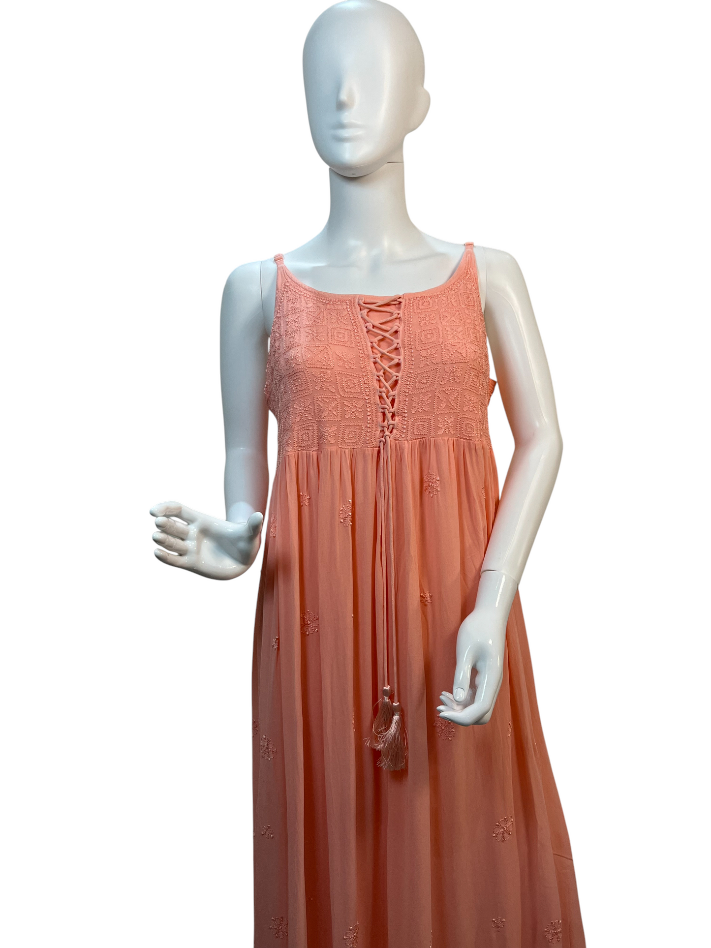 Peach Hand-Embroidered Chikankari Long Dress with Lace-Up Detail - SHILVIKA