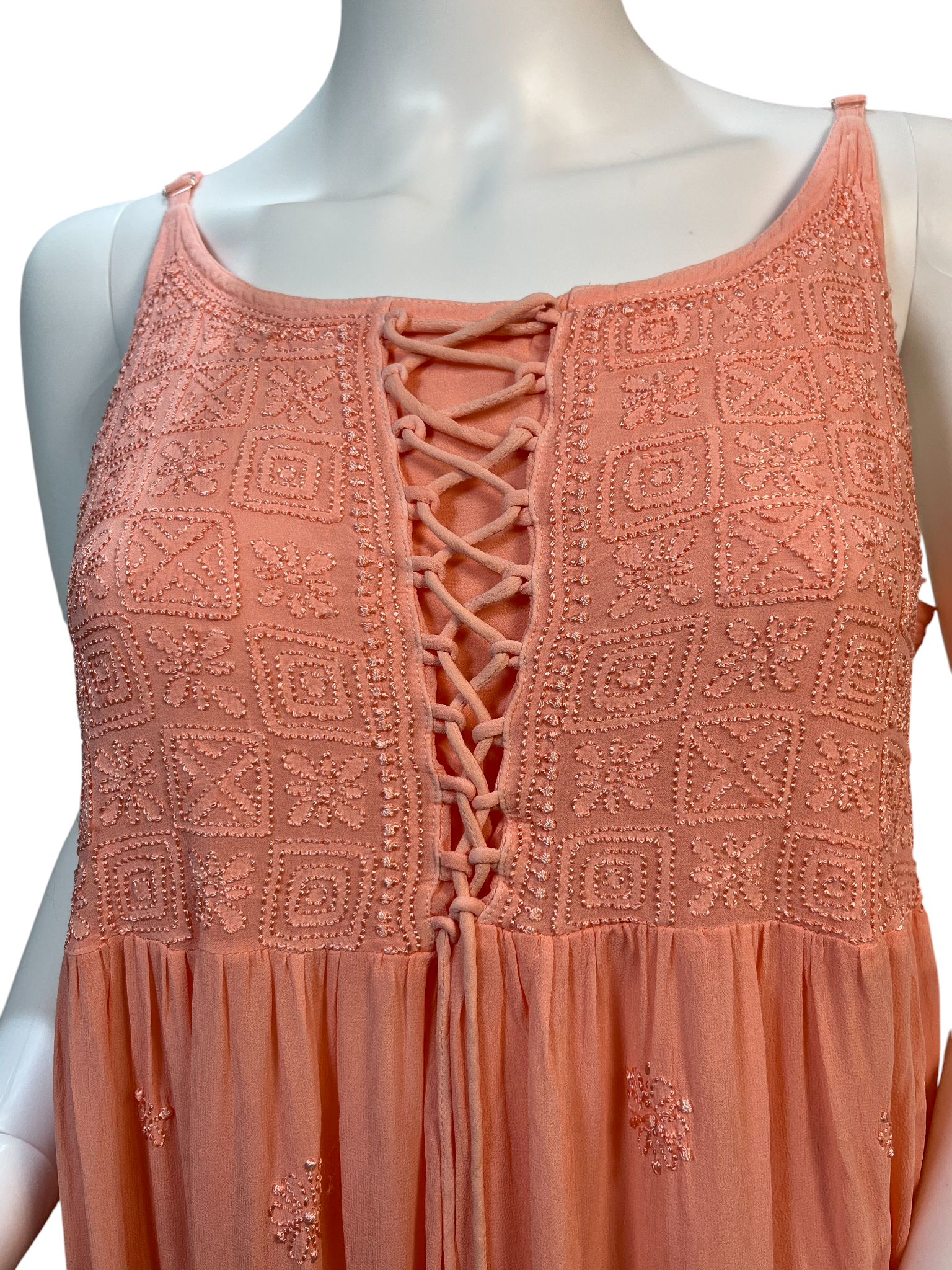 Peach Hand-Embroidered Chikankari Long Dress with Lace-Up Detail - SHILVIKA